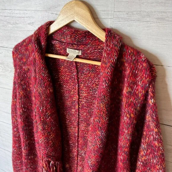 Lucky Brand Sweater Womens Size Small Red Marled Longline Open Cardigan Duster
