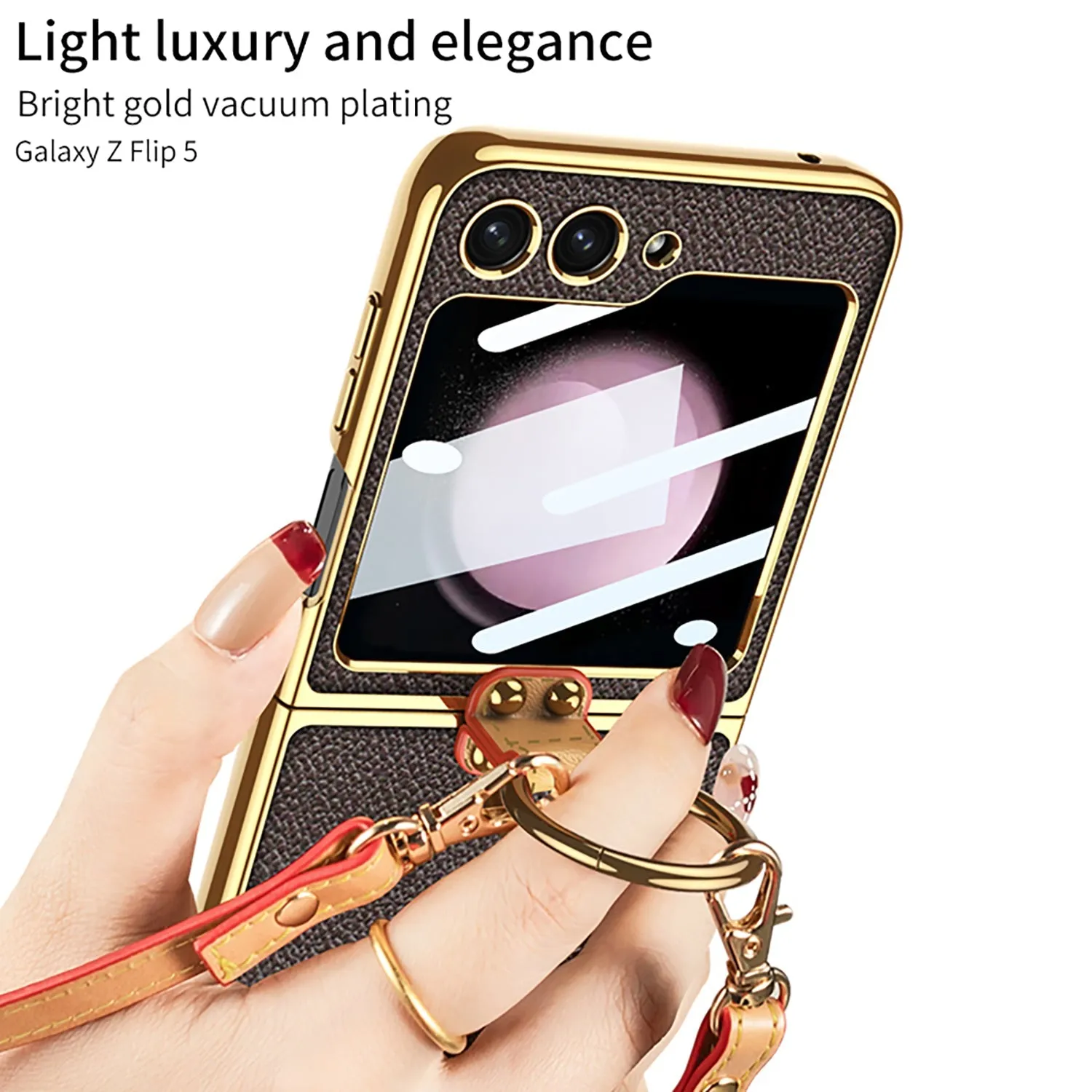 Luxury Leather Samsung Z Filp5 Phone Case With Crossbody Rope