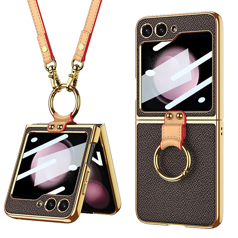 Luxury Leather Samsung Z Filp5 Phone Case With Crossbody Rope