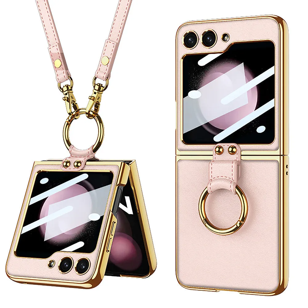 Luxury Leather Samsung Z Filp5 Phone Case With Crossbody Rope