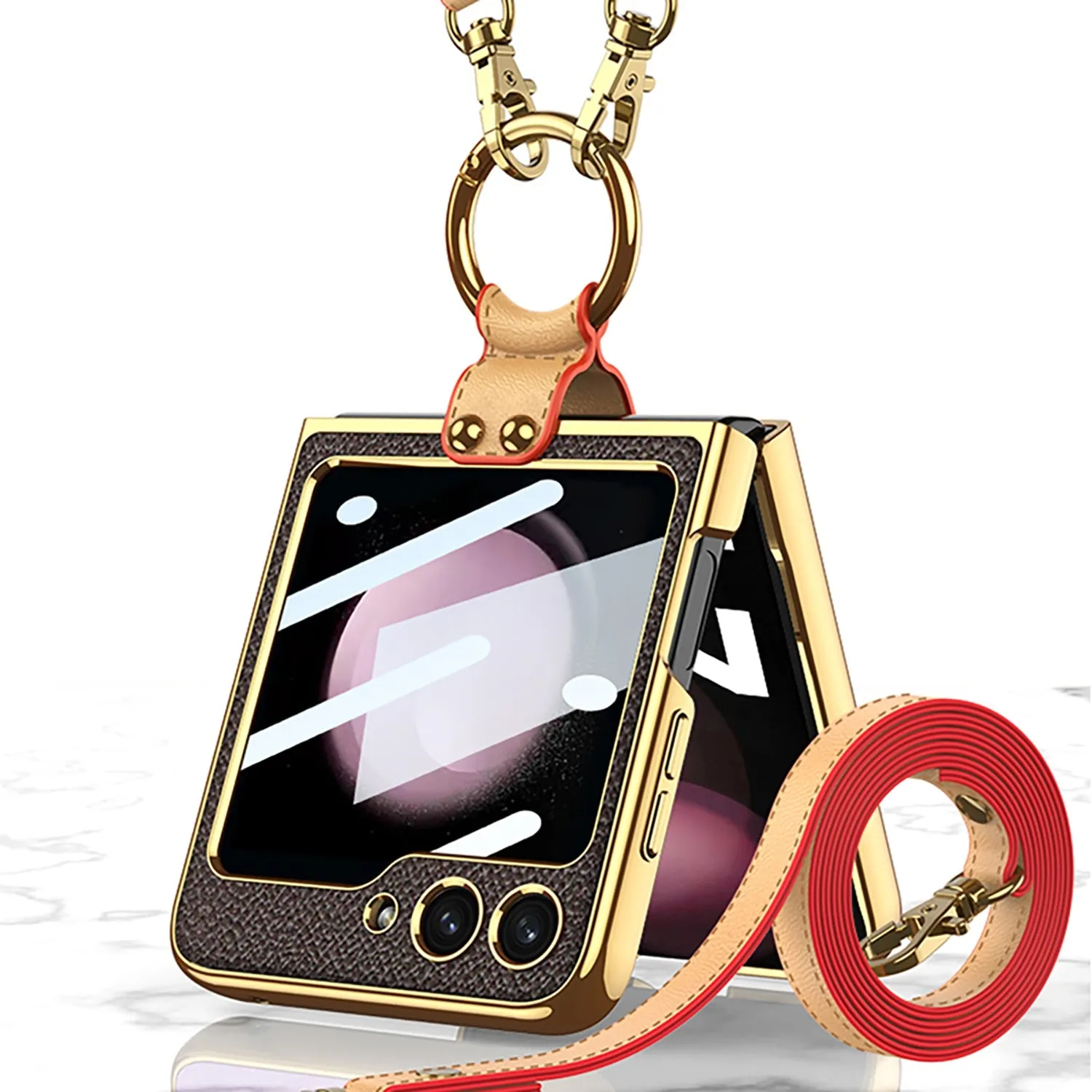Luxury Leather Samsung Z Filp5 Phone Case With Crossbody Rope