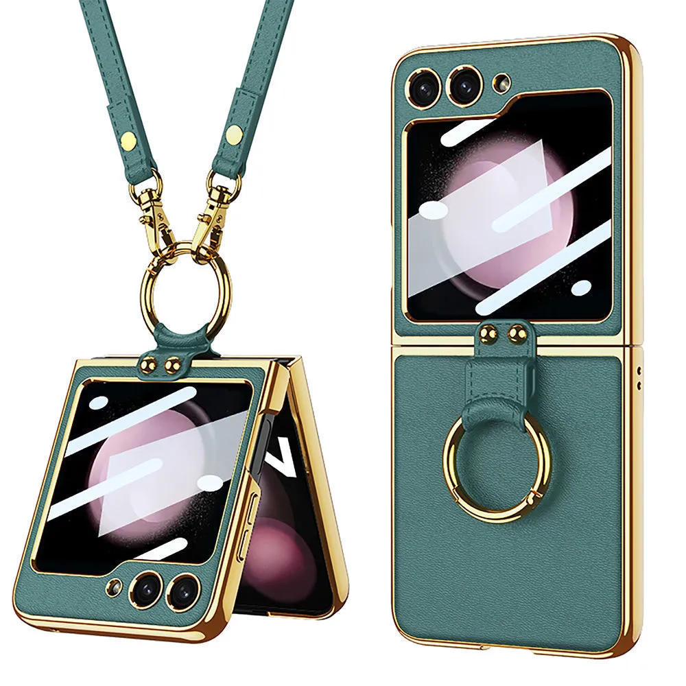 Luxury Leather Samsung Z Filp5 Phone Case With Crossbody Rope