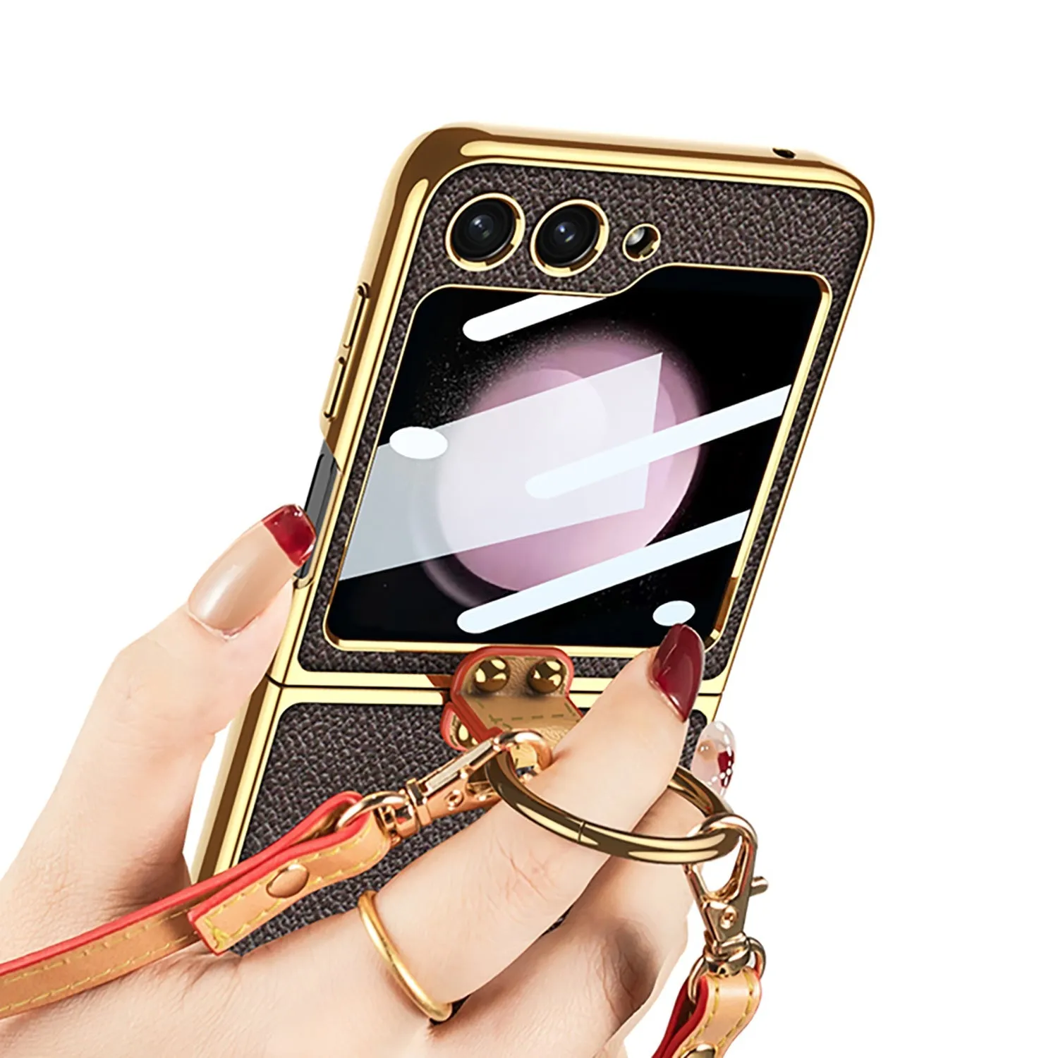 Luxury Leather Samsung Z Filp5 Phone Case With Crossbody Rope