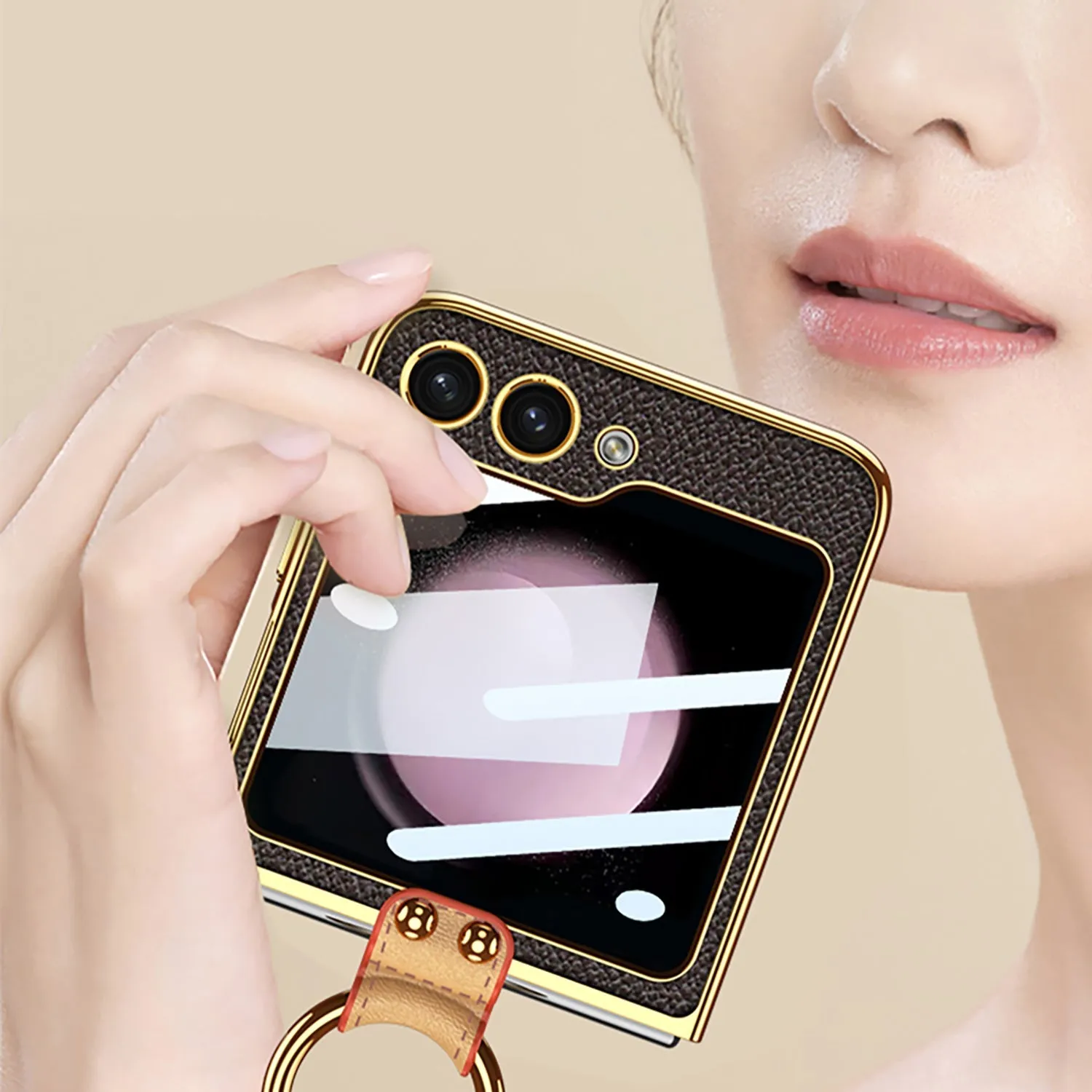 Luxury Leather Samsung Z Filp5 Phone Case With Crossbody Rope