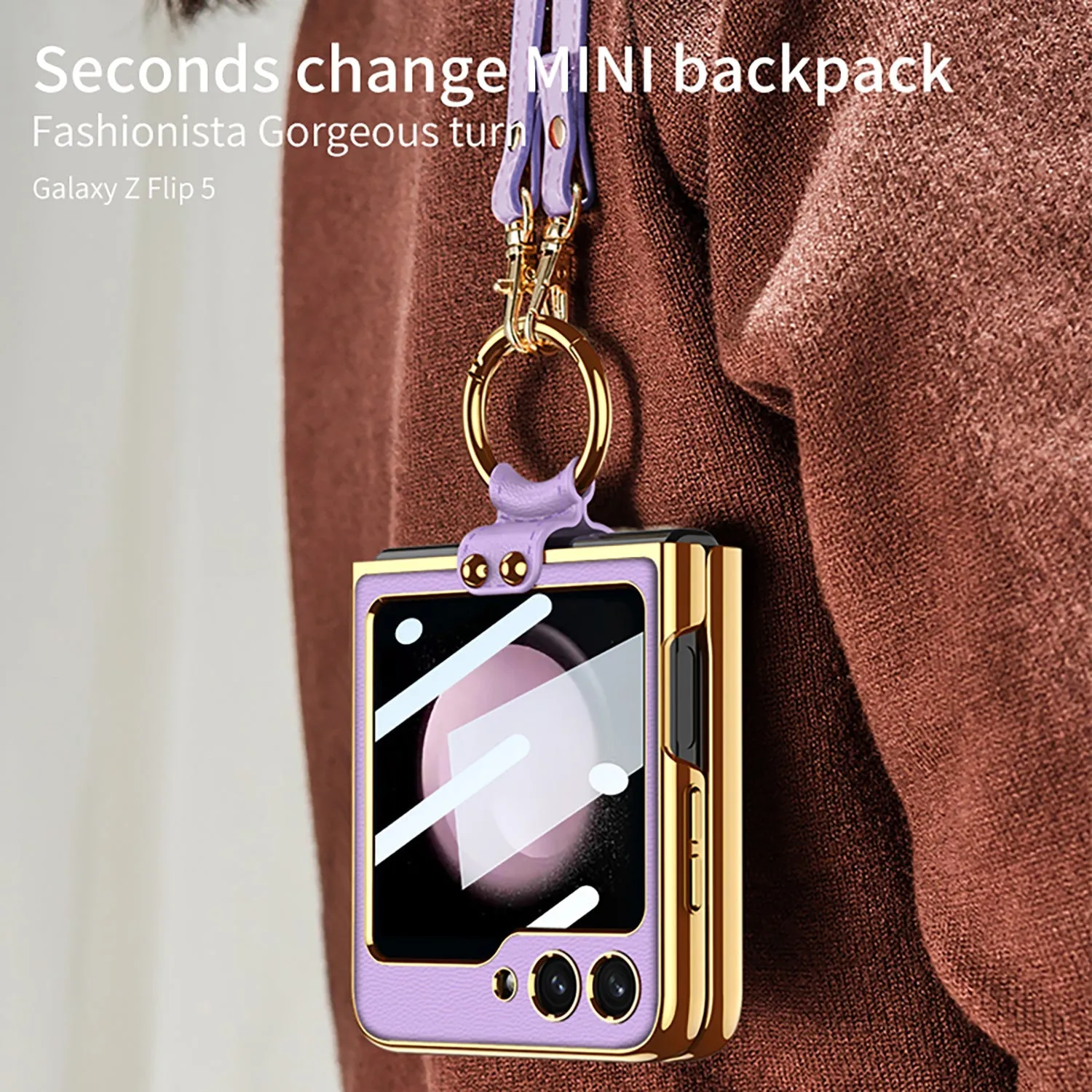 Luxury Leather Samsung Z Filp5 Phone Case With Crossbody Rope
