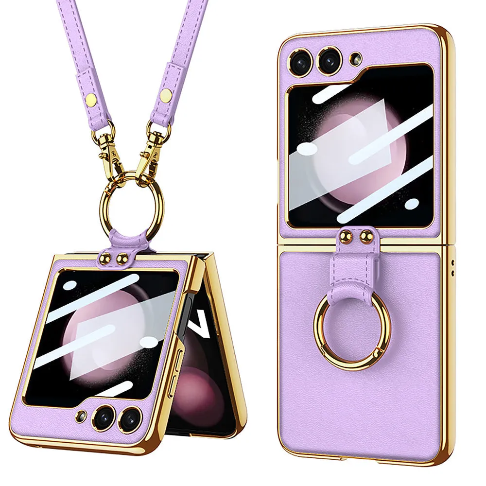 Luxury Leather Samsung Z Filp5 Phone Case With Crossbody Rope