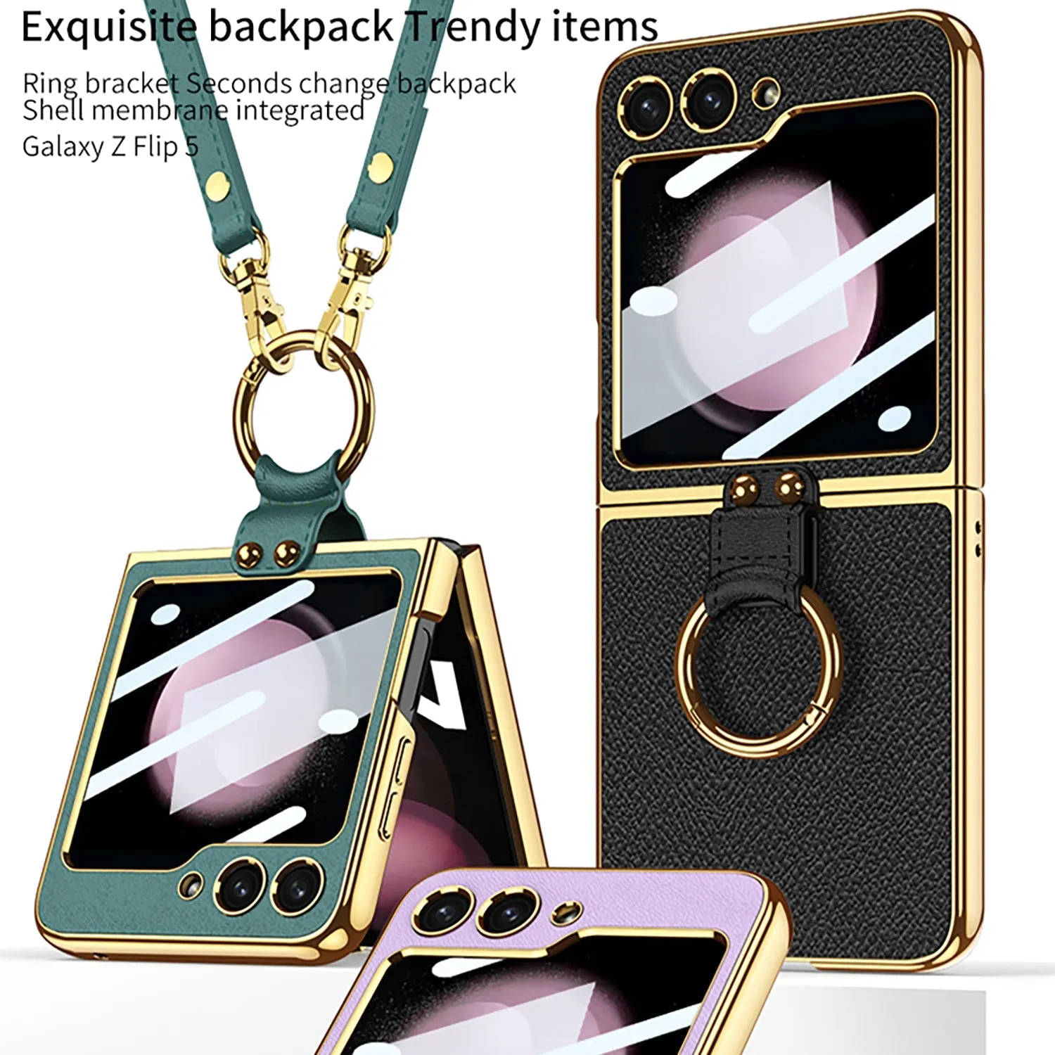 Luxury Leather Samsung Z Filp5 Phone Case With Crossbody Rope