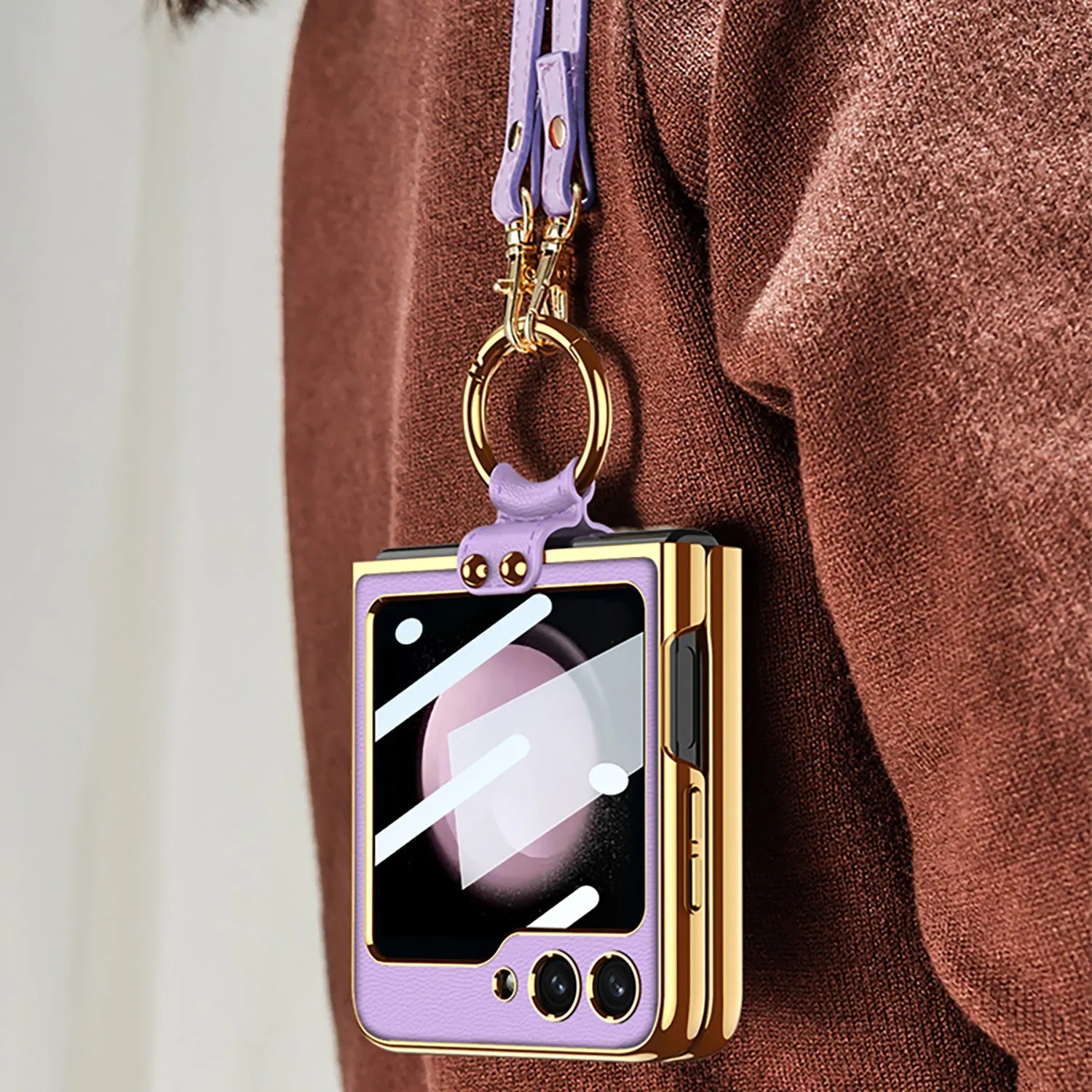 Luxury Leather Samsung Z Filp5 Phone Case With Crossbody Rope