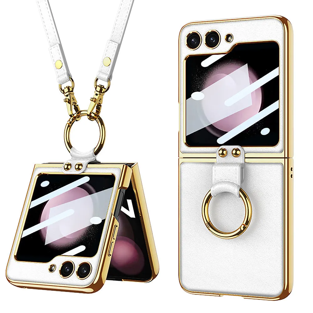 Luxury Leather Samsung Z Filp5 Phone Case With Crossbody Rope