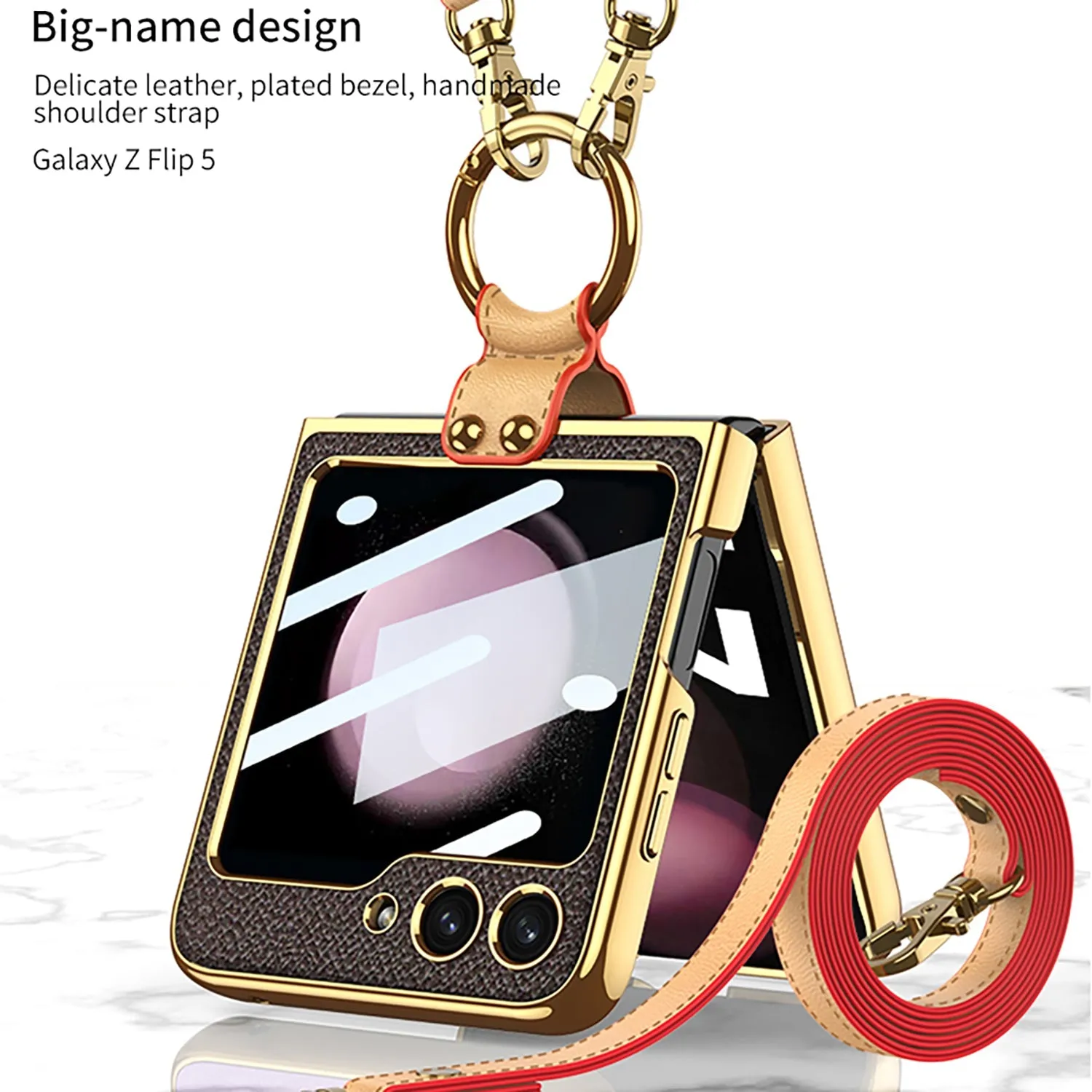 Luxury Leather Samsung Z Filp5 Phone Case With Crossbody Rope