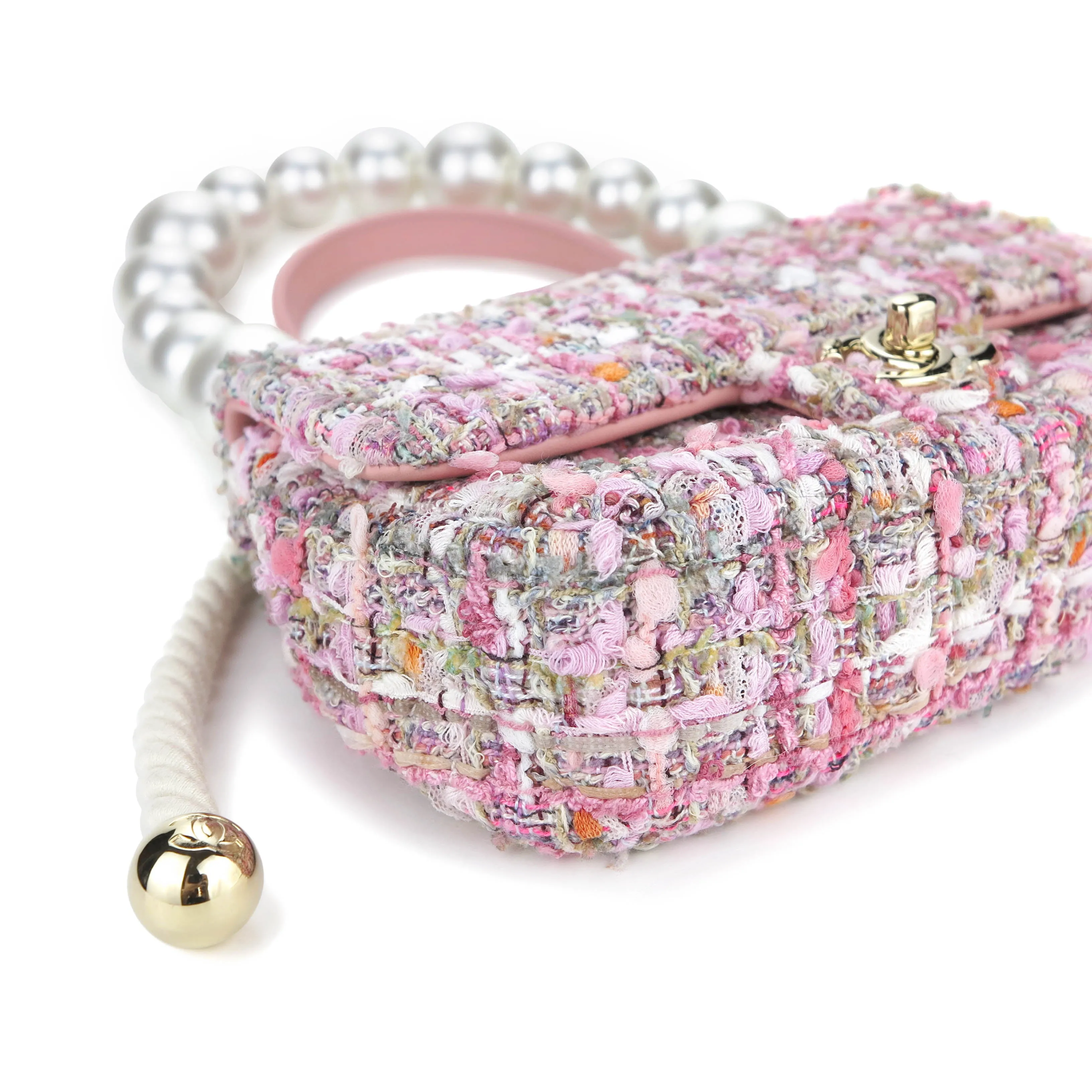 Mini Pearl Handle Flap Bag in Pink Tweed