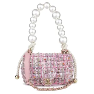 Mini Pearl Handle Flap Bag in Pink Tweed