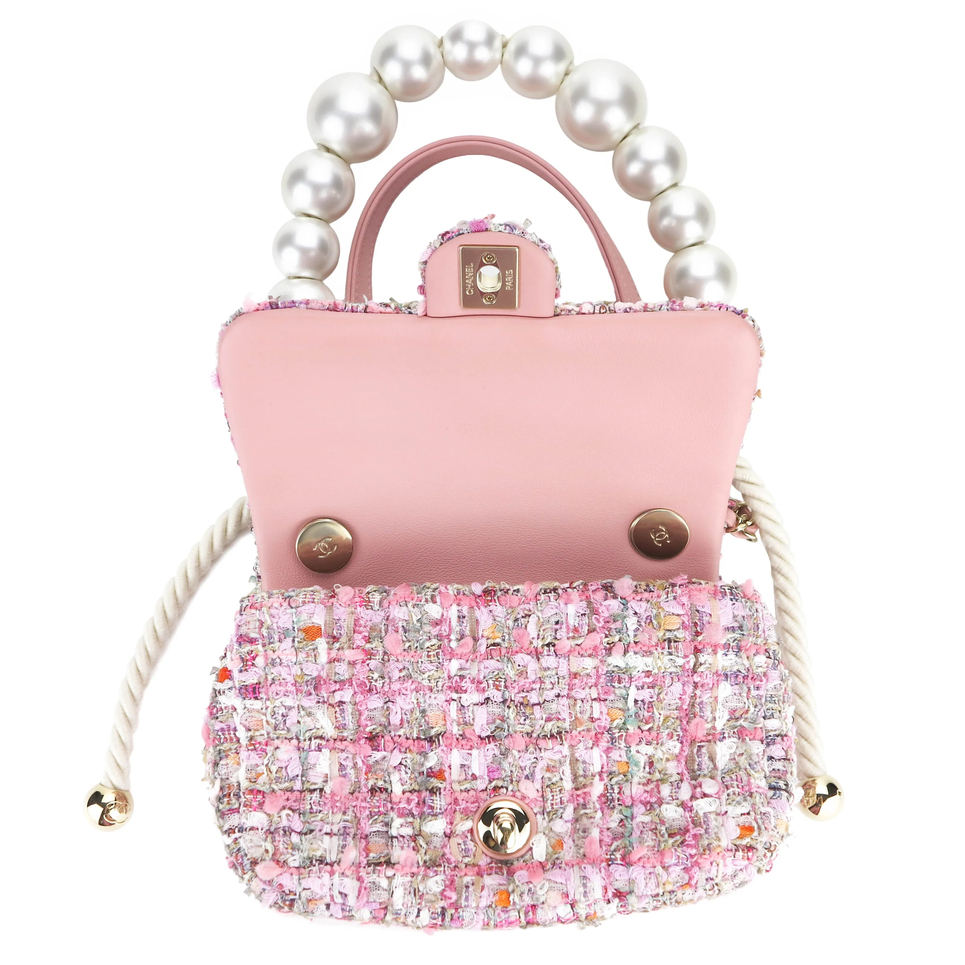Mini Pearl Handle Flap Bag in Pink Tweed