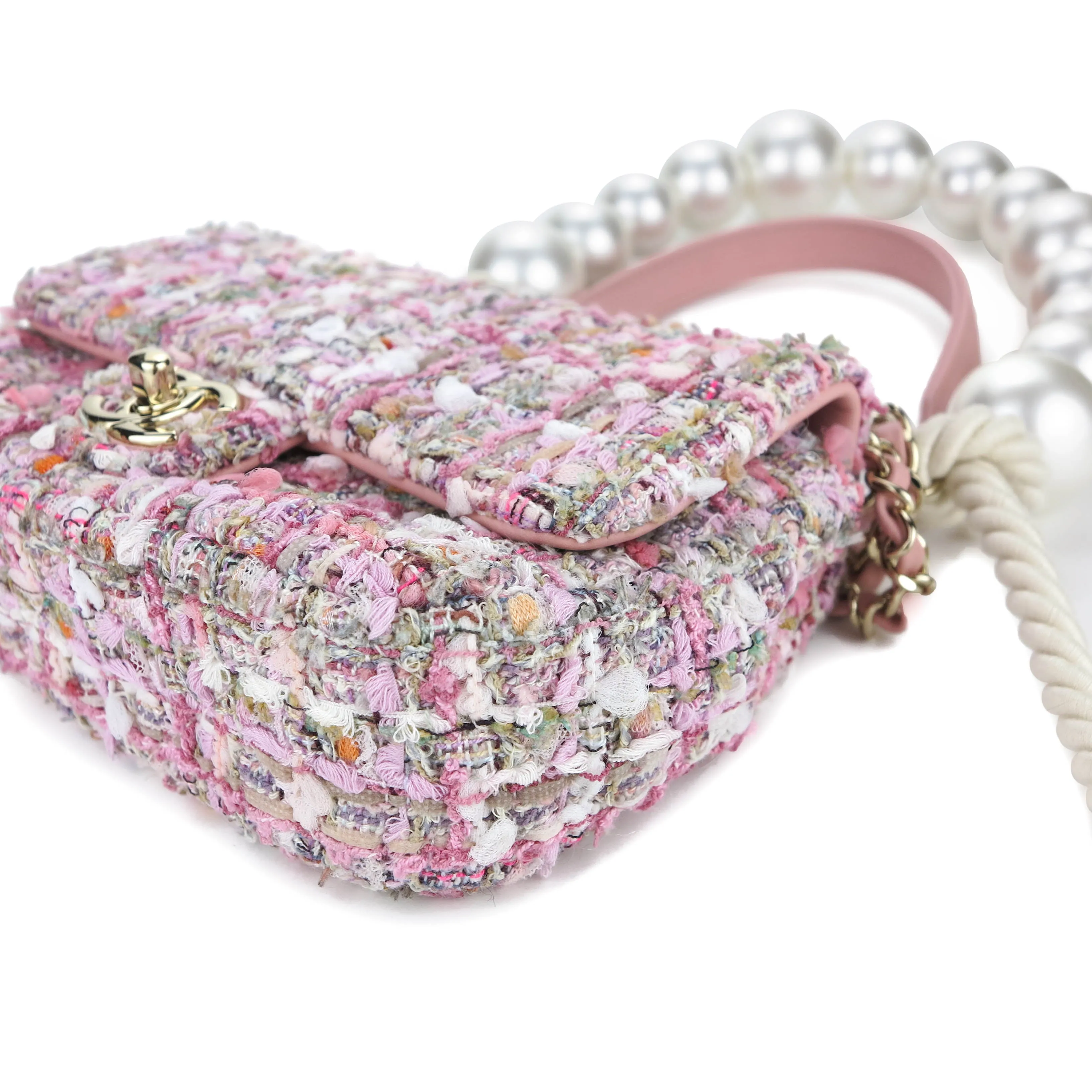 Mini Pearl Handle Flap Bag in Pink Tweed