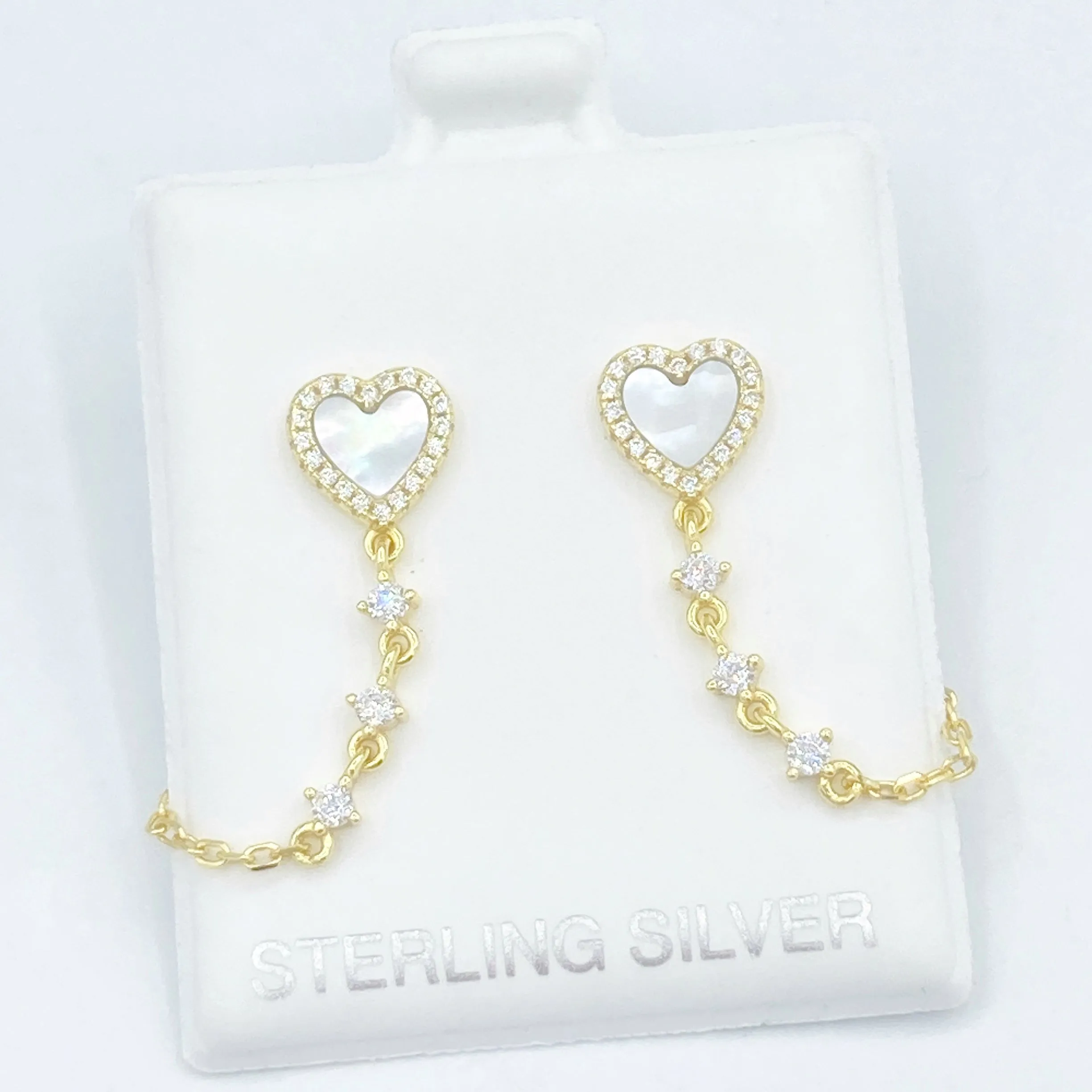Mother of Pearl Heart Studs with Chain - Gold or Silver