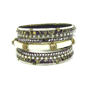 MULTI COLOR PURPLE AND IVORY RESIN ETHNIC BANGLES SET OF 9 PCS  #VB10595_PURPLE (OD4/R-TOP)