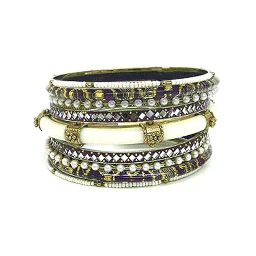 MULTI COLOR PURPLE AND IVORY RESIN ETHNIC BANGLES SET OF 9 PCS  #VB10595_PURPLE (OD4/R-TOP)
