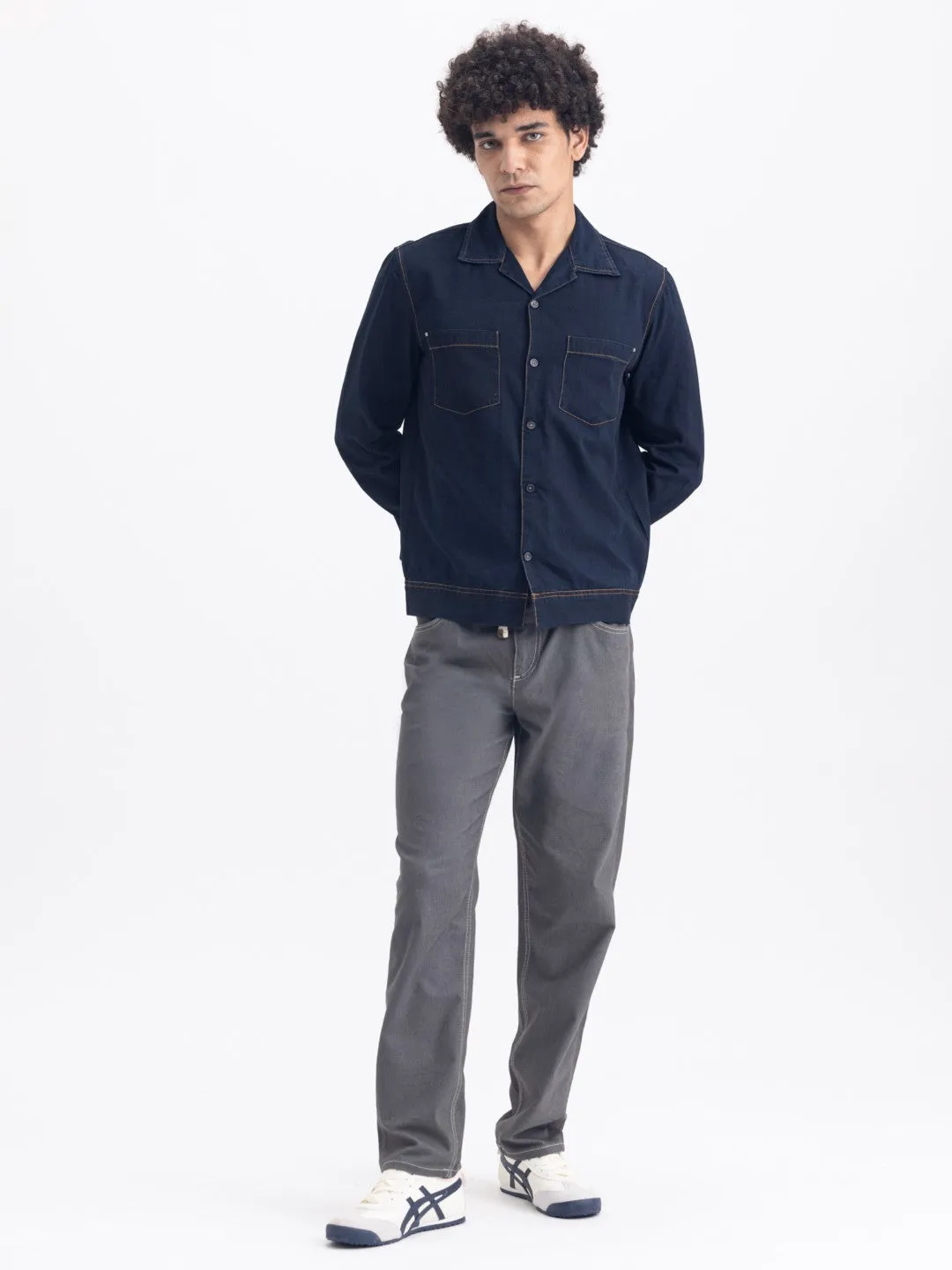 Navy Plain Double Pocket Denim Shirt
