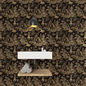 New York Toile Black Metallic Gold GO486 Self-Adhesive Wallpaper