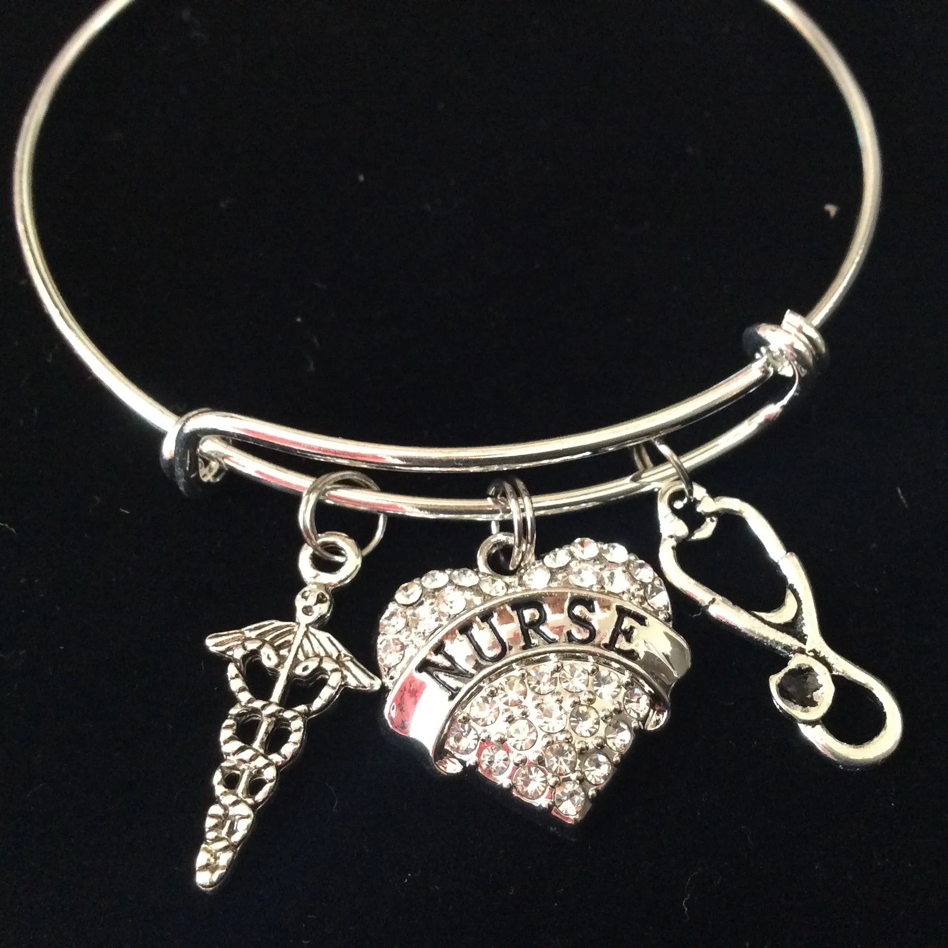 Nurse Crystal Heart Silver Expandable Charm Bracelet Adjustable Wire Bangle Stethoscope Caduceus Gift