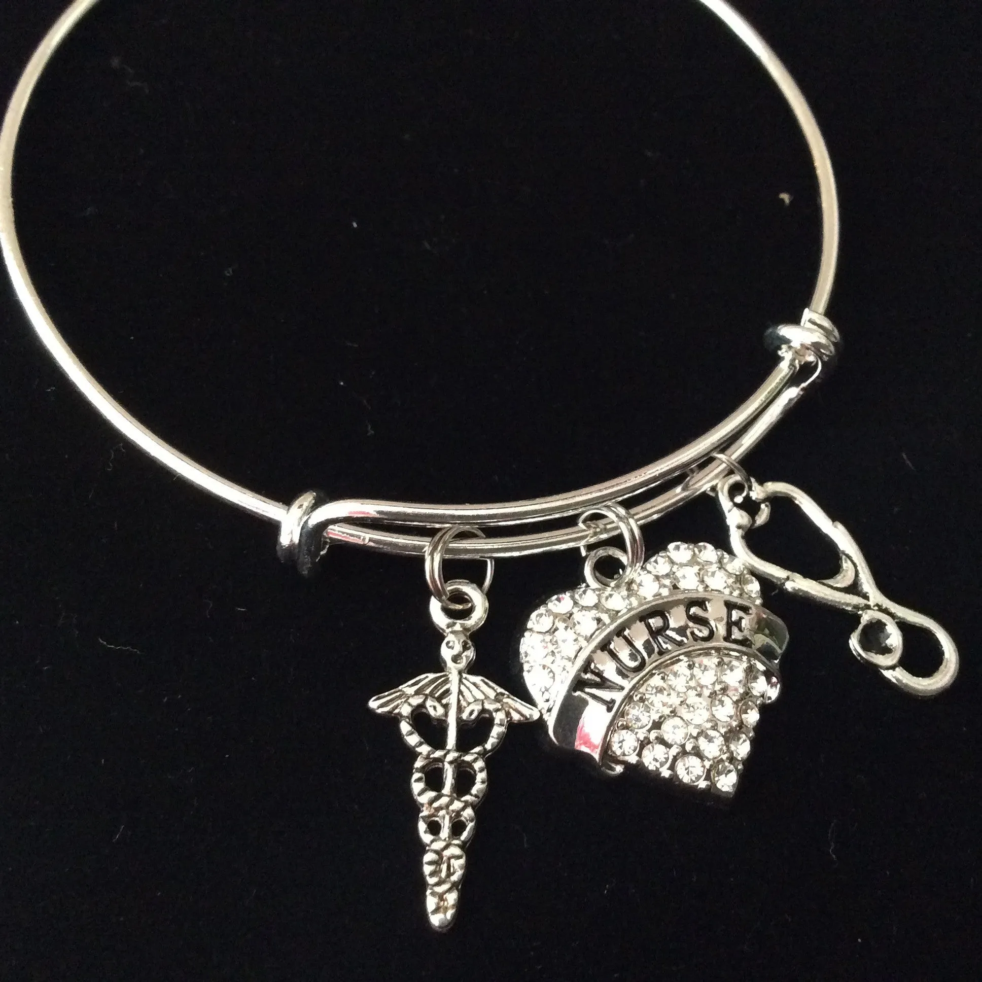 Nurse Crystal Heart Silver Expandable Charm Bracelet Adjustable Wire Bangle Stethoscope Caduceus Gift