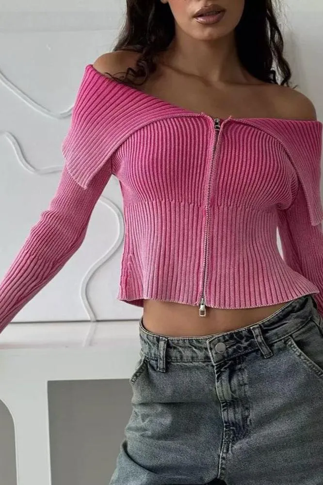 Off Shoulder Slim Fit Zip Up Sweater
