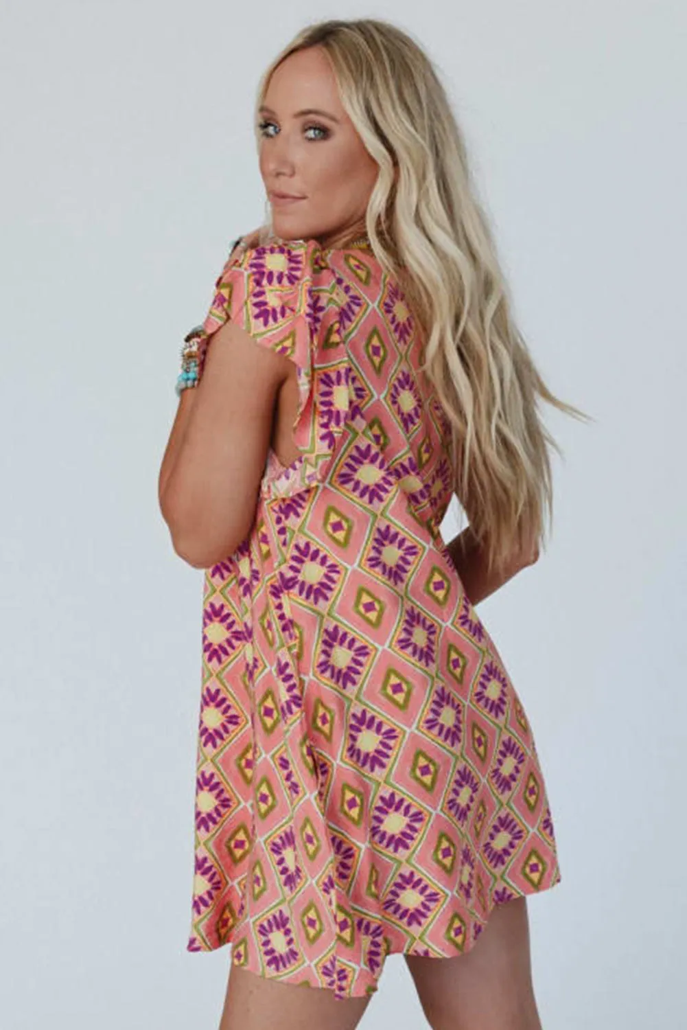 Orange Geometric Floral V Neck Buttoned Ruffled Sleeve Mini Dress