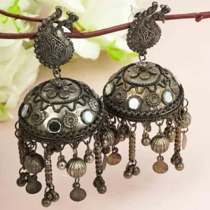 Oxidized Peacock Mirror Jhumkas