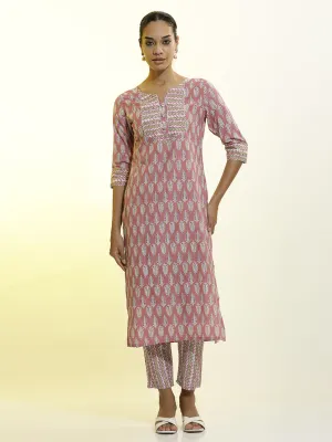Peach Ethnic Motif Printed Cotton Blend Kurta Set