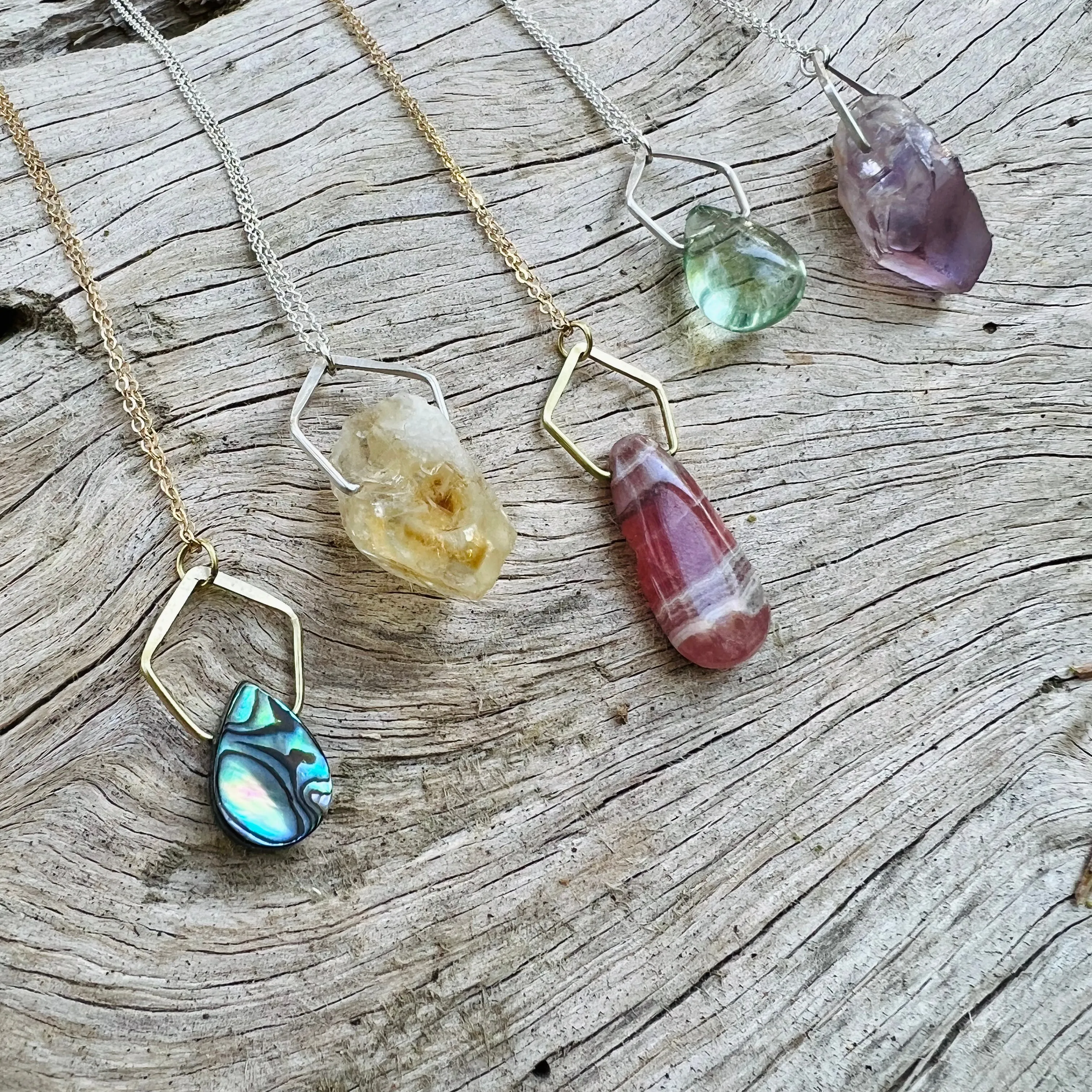 Pentagonal Necklace with Healing Gemstones in Sterling Silver or 14K Gold Filled
