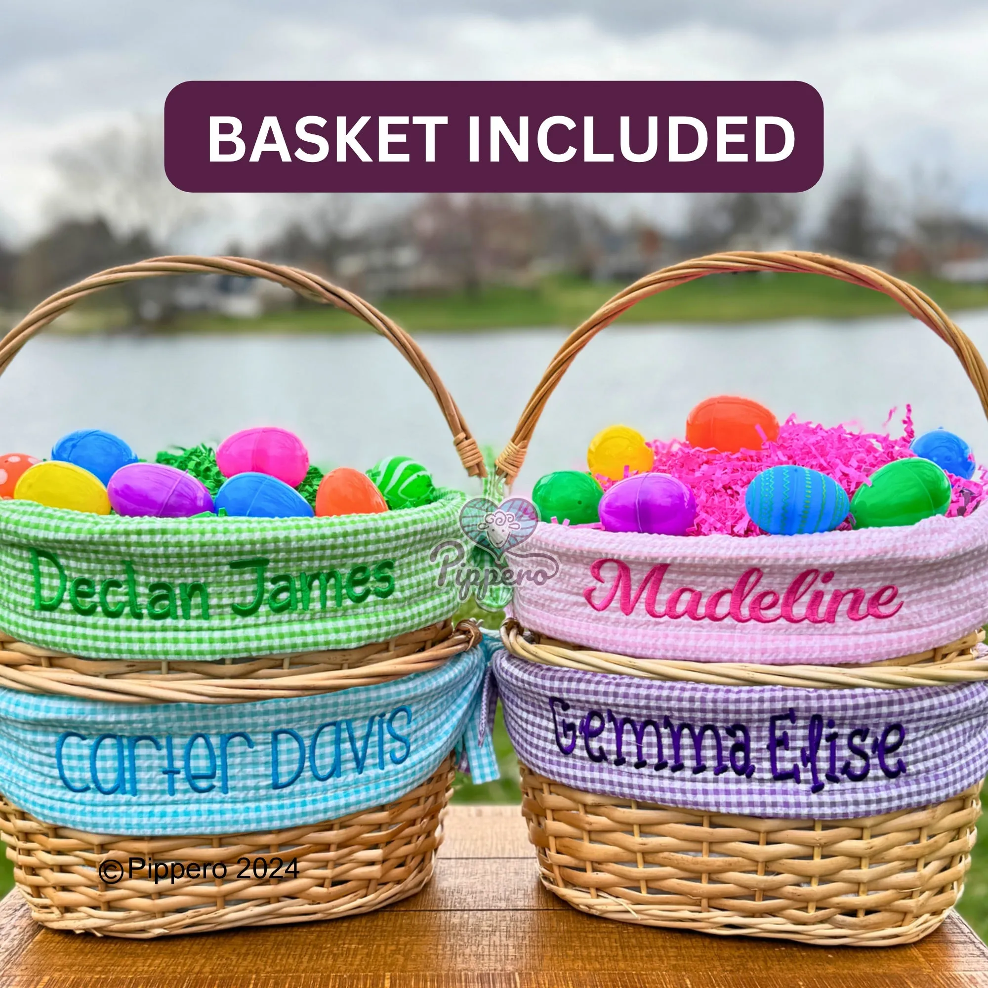 Personalized Embroidered Wicker Easter Candy Egg Basket with Gingham Liner