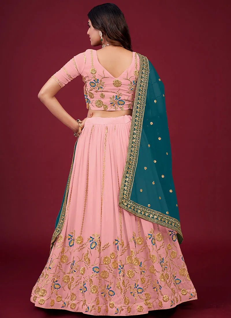 Pink And Blue Multi Embroidery Wedding Lehenga Choli