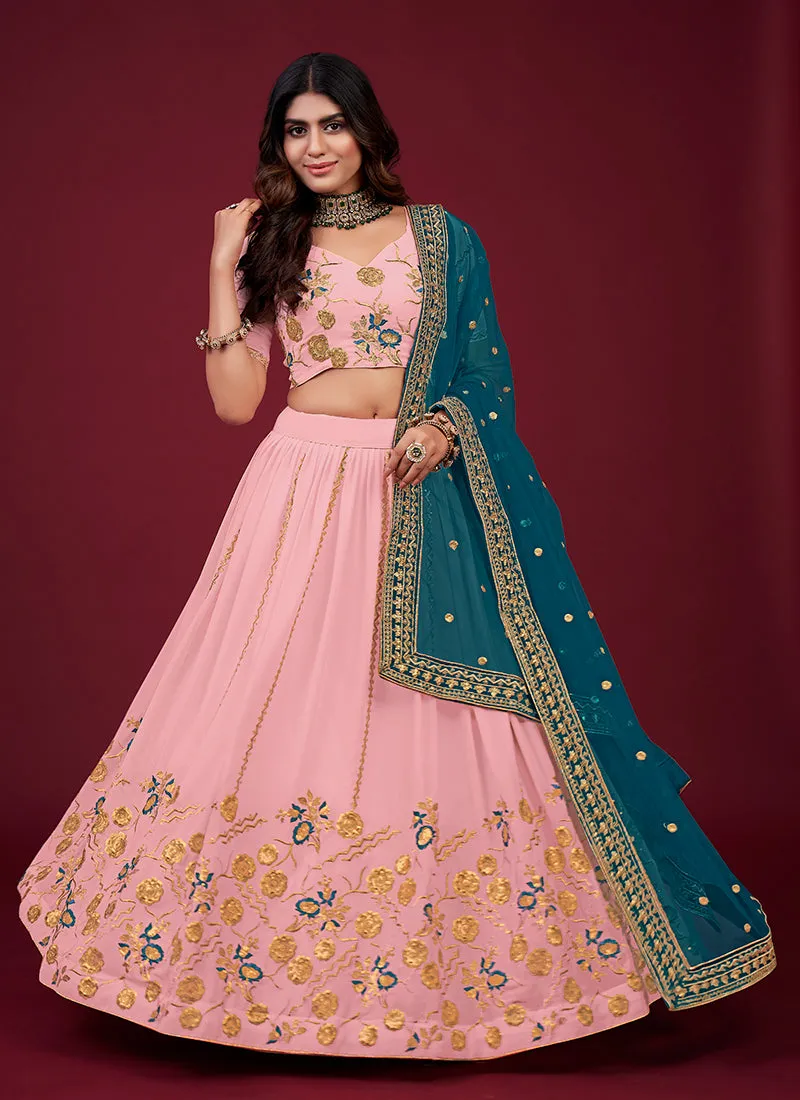 Pink And Blue Multi Embroidery Wedding Lehenga Choli