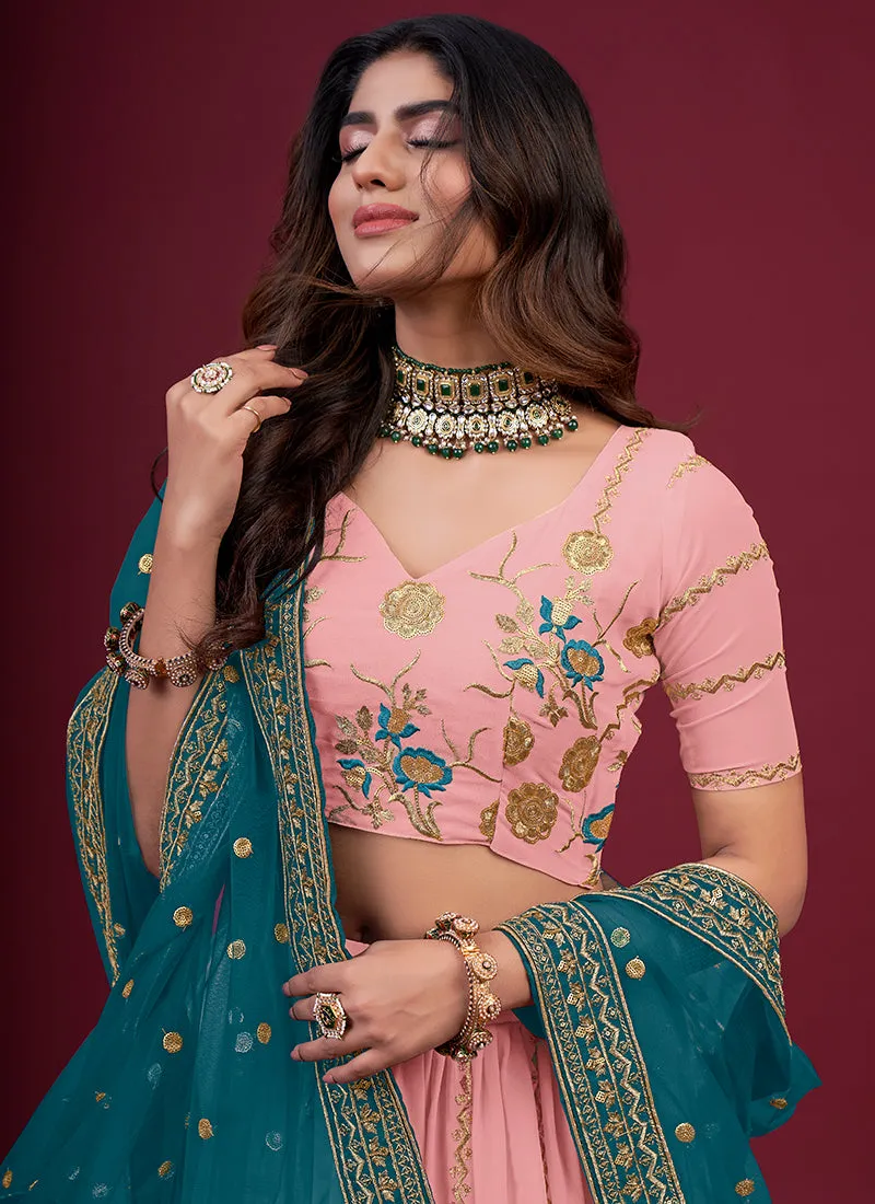 Pink And Blue Multi Embroidery Wedding Lehenga Choli