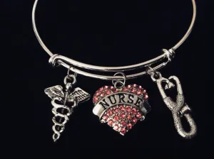 Pink Heart Nurse Jewelry Stethoscope Caduceus Silver Expandable Charm Bracelet Adjustable Bangle One Size Fits All Gift Medical Occupation