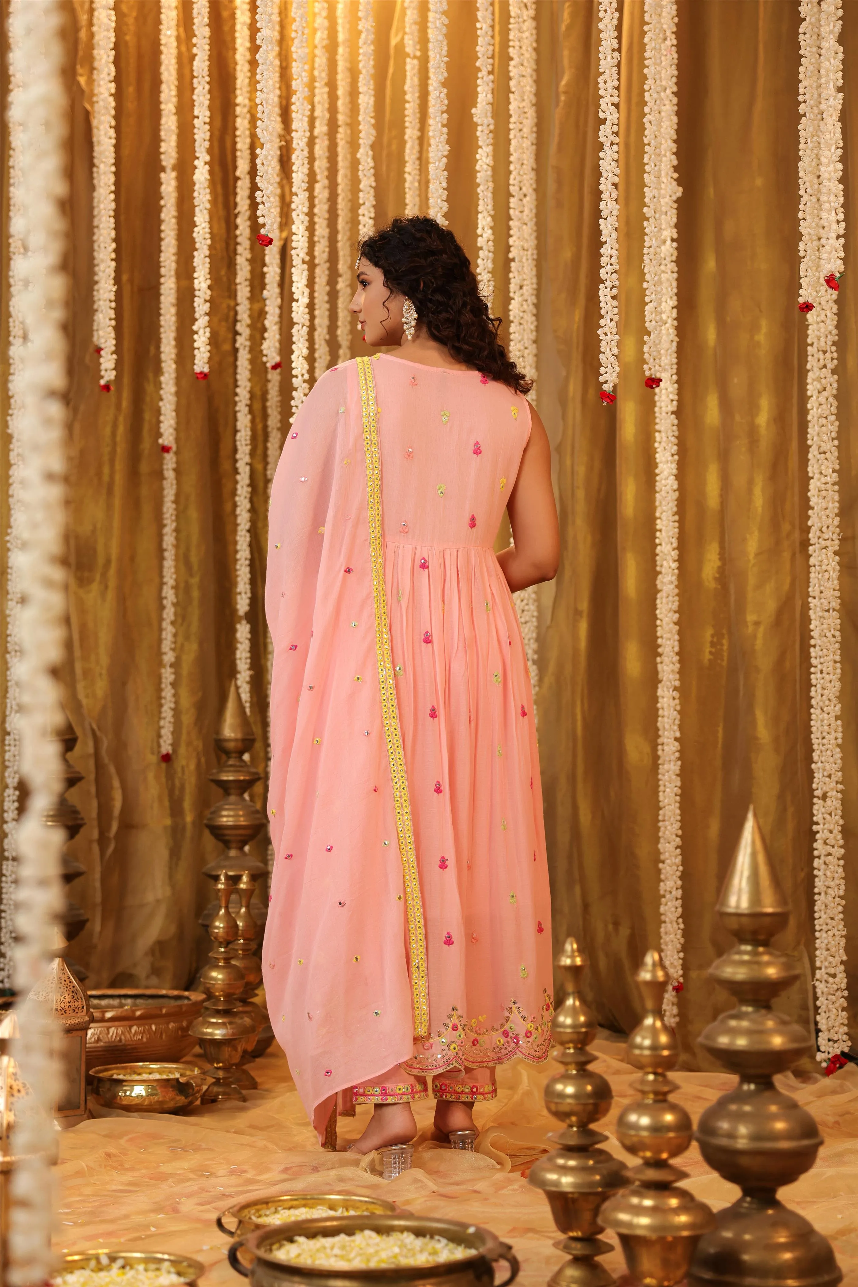 Pink Mulmul Multicolour Mirror And Sequin Embroidered Sleeveless Gathered Suit Set