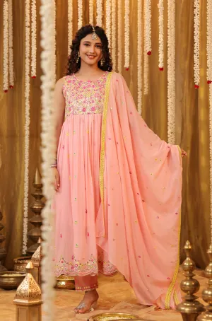 Pink Mulmul Multicolour Mirror And Sequin Embroidered Sleeveless Gathered Suit Set
