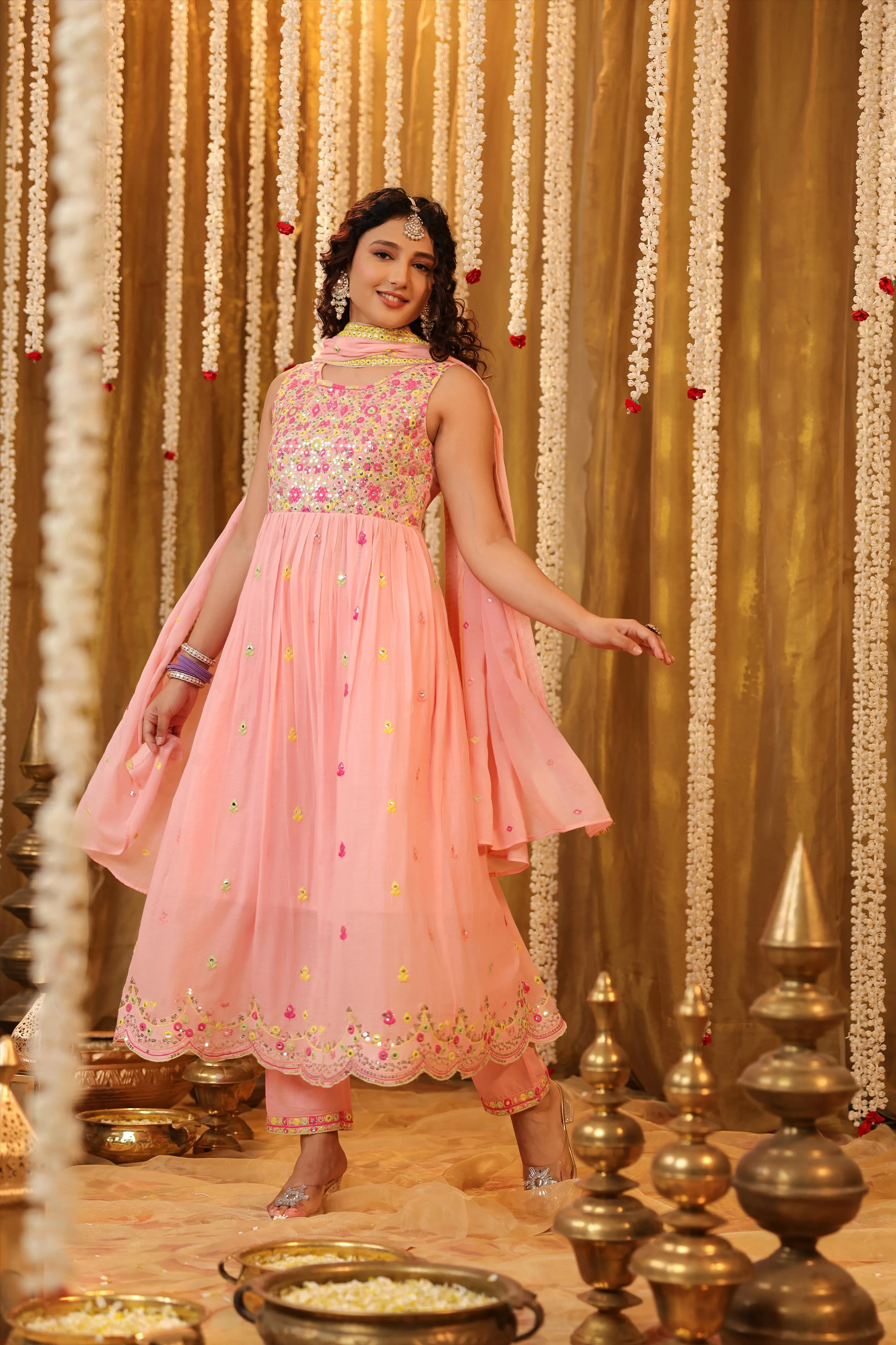 Pink Mulmul Multicolour Mirror And Sequin Embroidered Sleeveless Gathered Suit Set