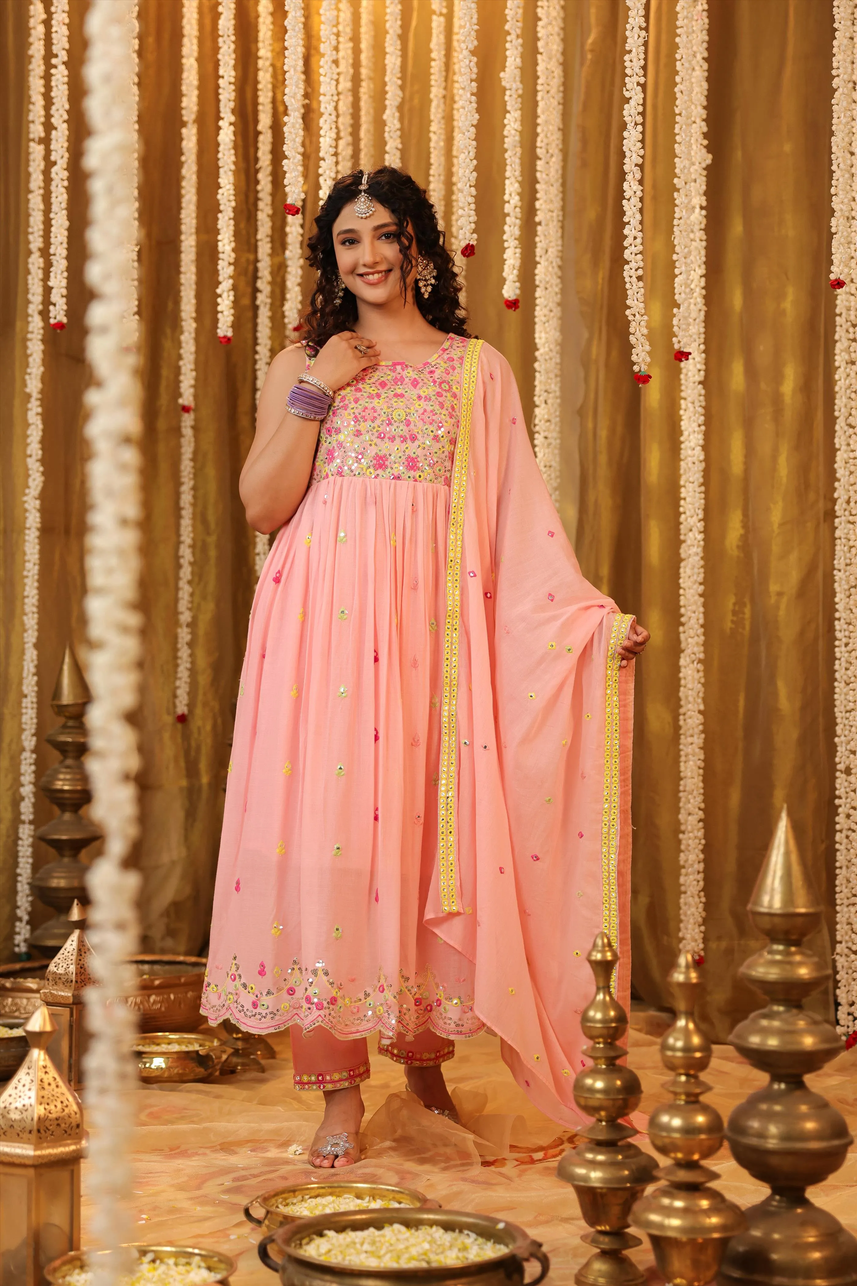 Pink Mulmul Multicolour Mirror And Sequin Embroidered Sleeveless Gathered Suit Set