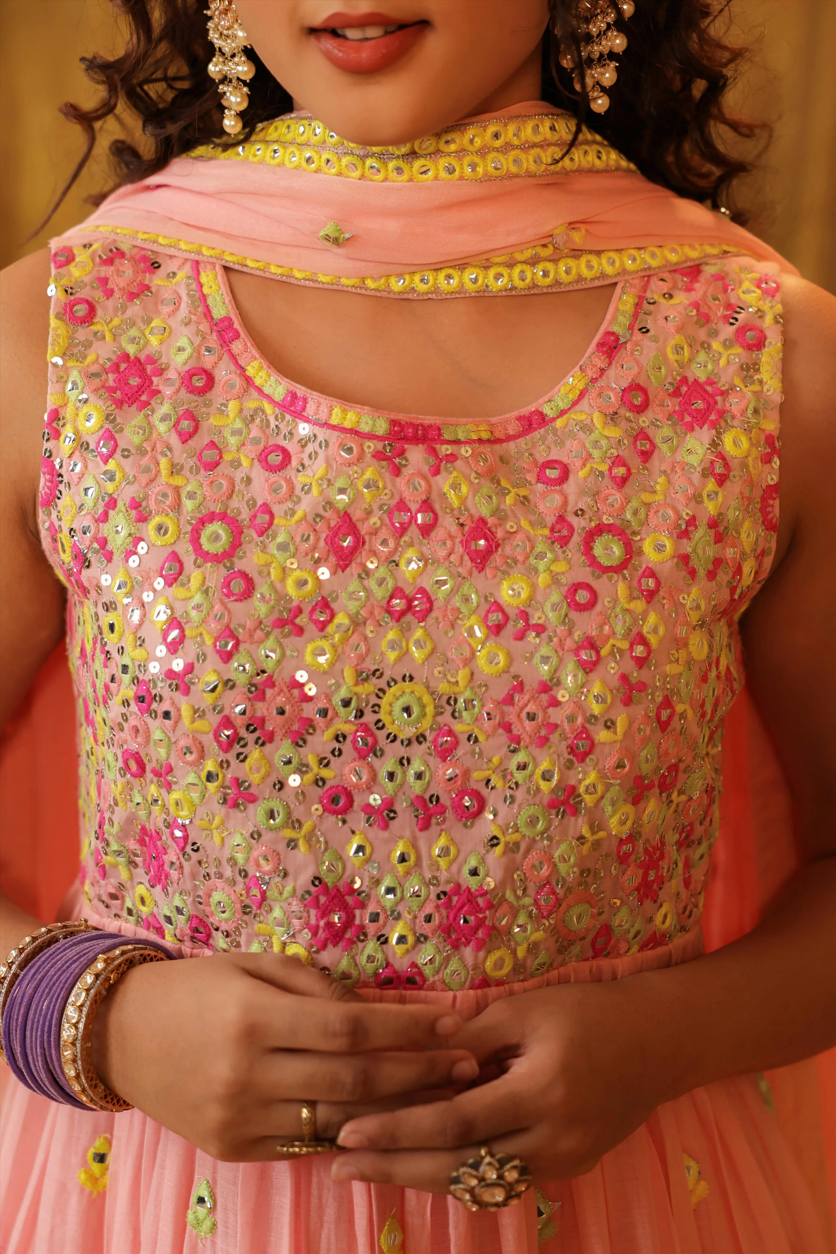 Pink Mulmul Multicolour Mirror And Sequin Embroidered Sleeveless Gathered Suit Set