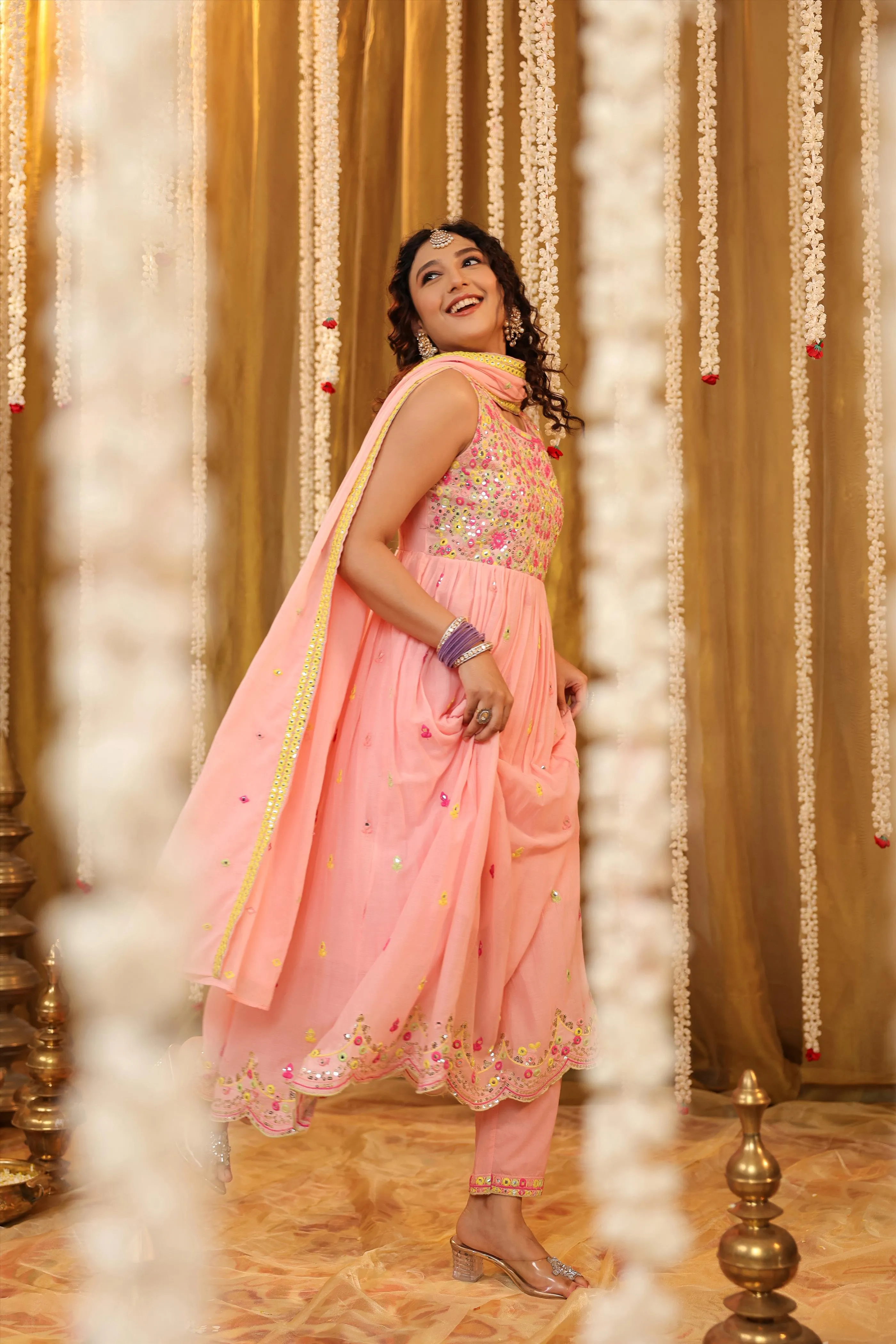 Pink Mulmul Multicolour Mirror And Sequin Embroidered Sleeveless Gathered Suit Set