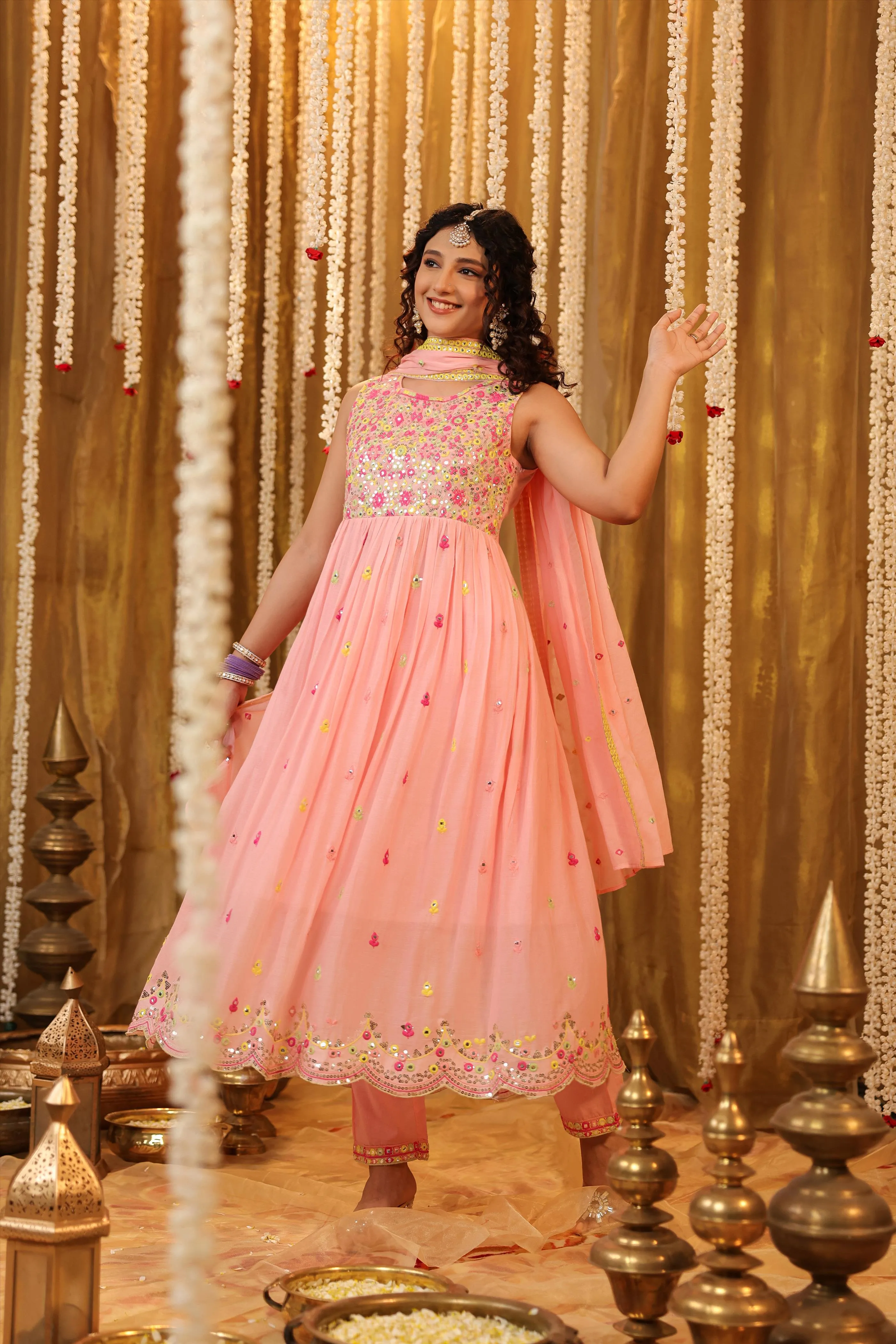 Pink Mulmul Multicolour Mirror And Sequin Embroidered Sleeveless Gathered Suit Set