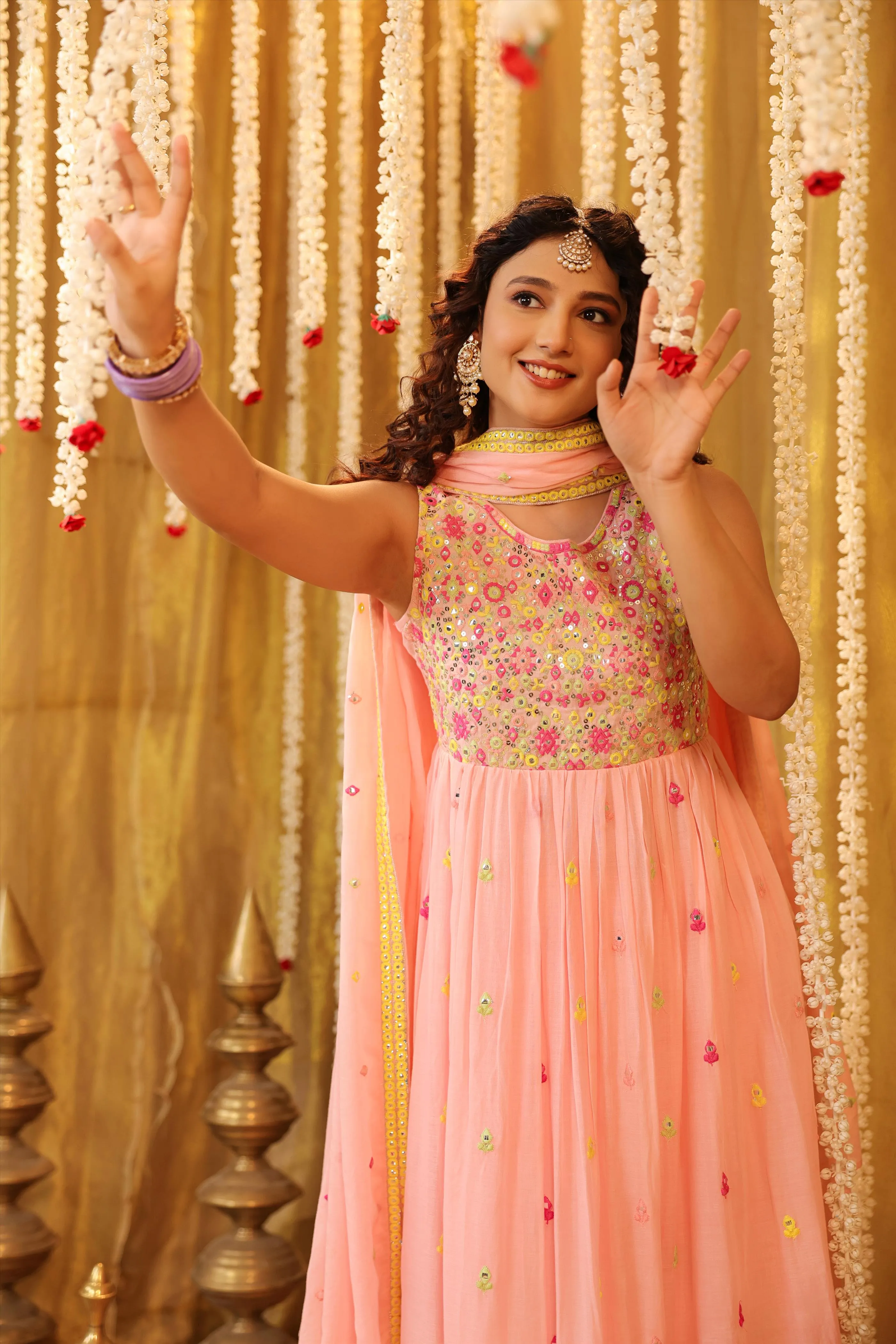 Pink Mulmul Multicolour Mirror And Sequin Embroidered Sleeveless Gathered Suit Set