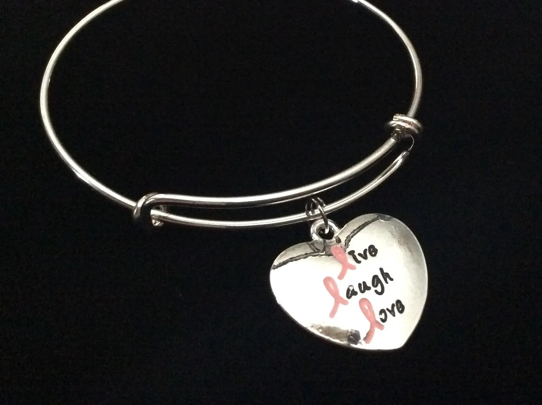 Pink Ribbon Live Laugh Love Heart Silver Expandable Charm Bracelet Gift Adjustable Trendy Handmade