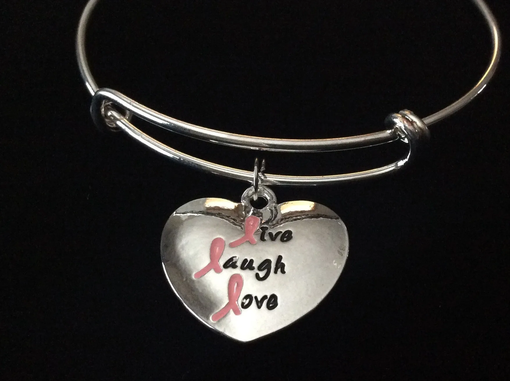 Pink Ribbon Live Laugh Love Heart Silver Expandable Charm Bracelet Gift Adjustable Trendy Handmade
