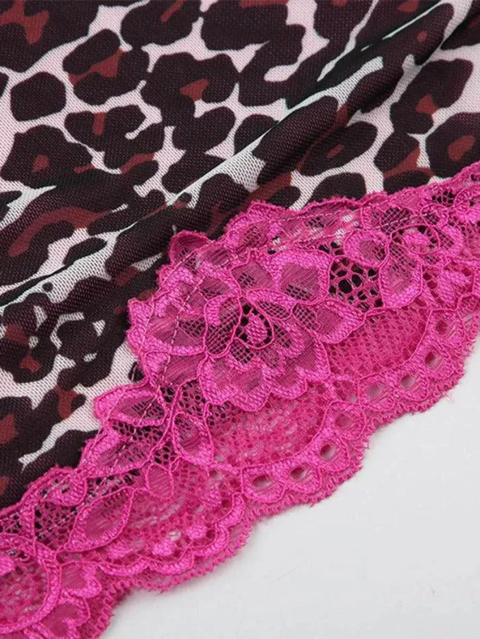 Pink Vintage Leopard Print Lace Trim Cami Top