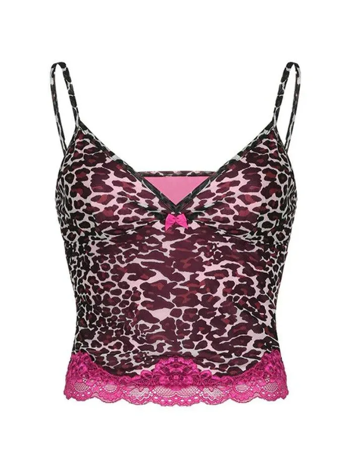 Pink Vintage Leopard Print Lace Trim Cami Top