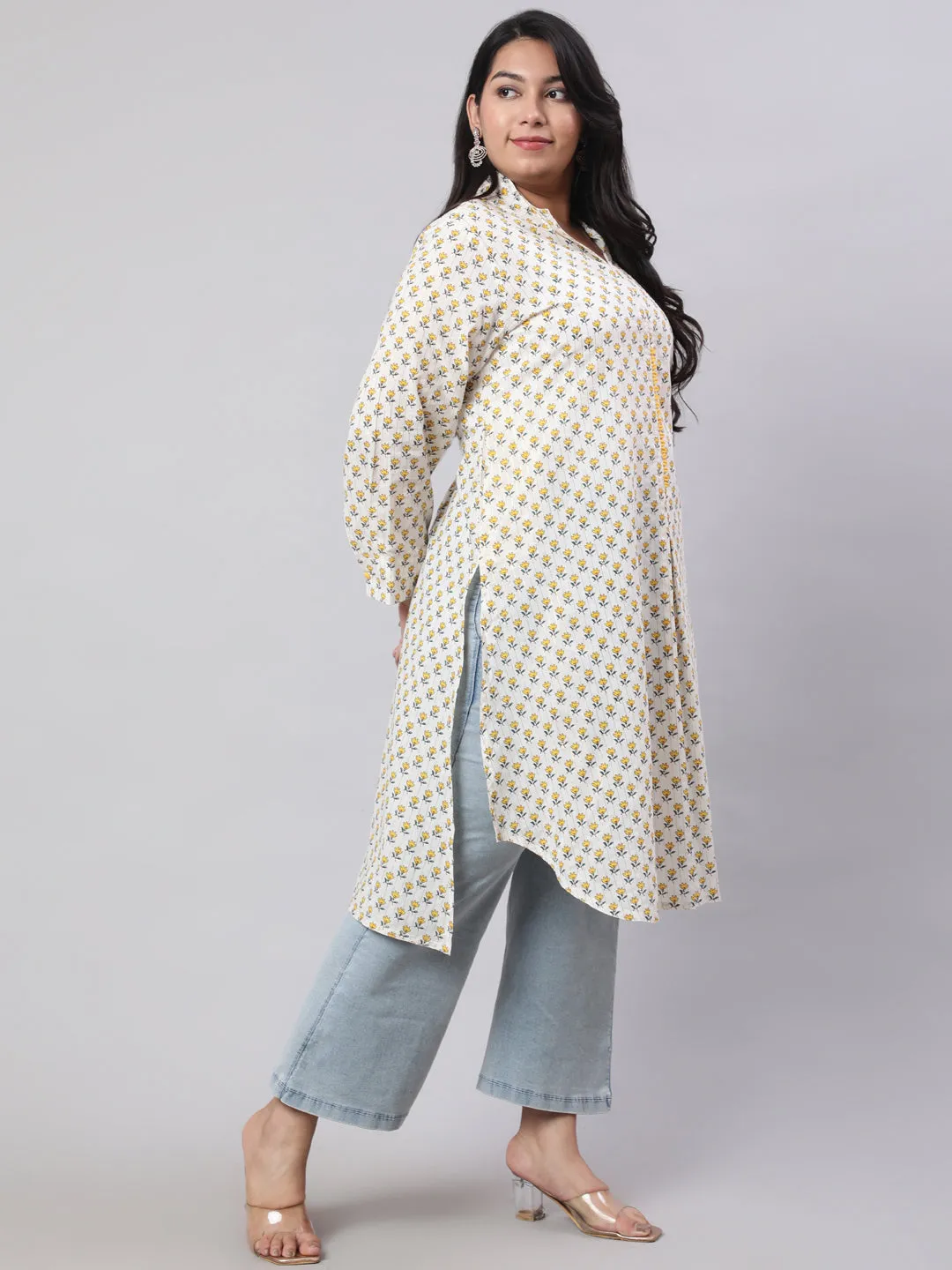 Plus Size Yellow Ethnic Printed Cotton Lurex Kurta