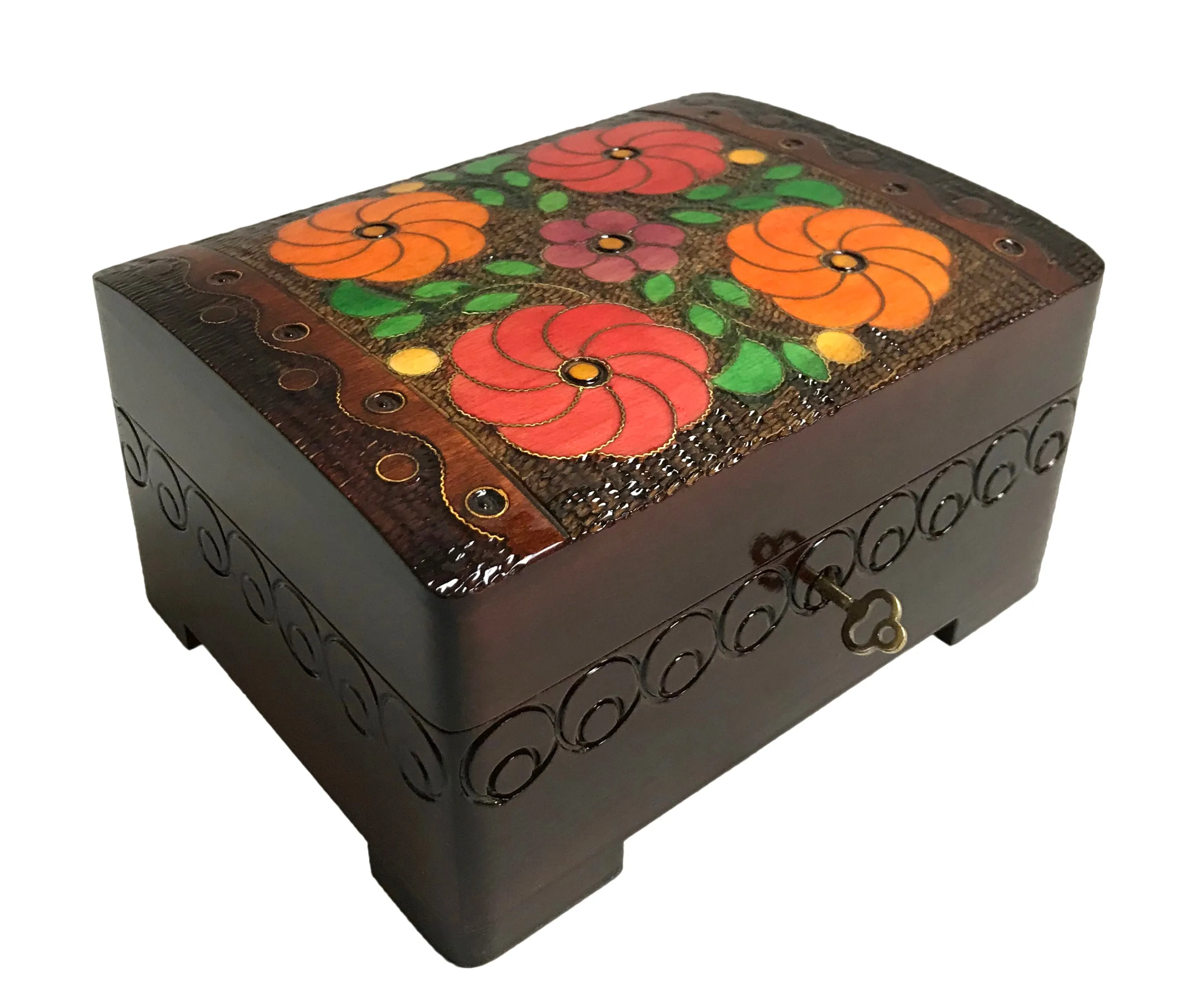 Polish Folk Floral Wooden Box with Brass Inlays and Key, 7"x 5.5"