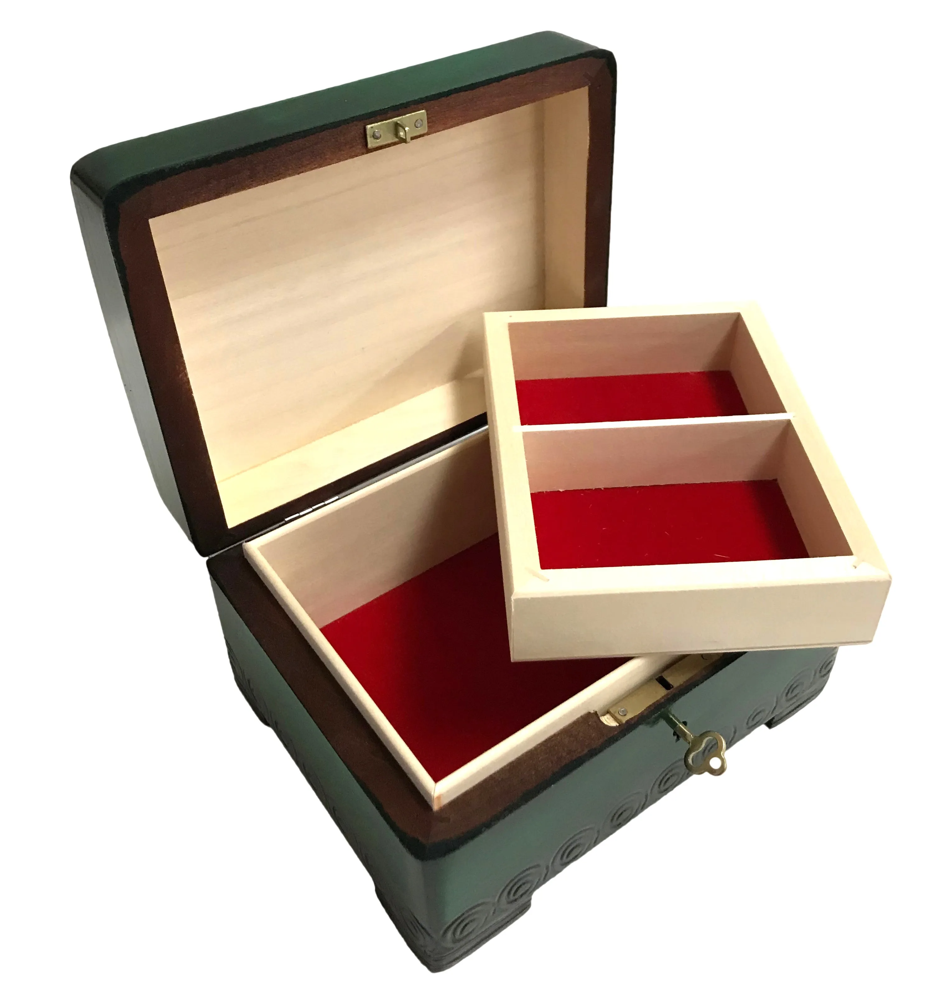 Polish Folk Floral Wooden Box with Brass Inlays and Key, 7"x 5.5"
